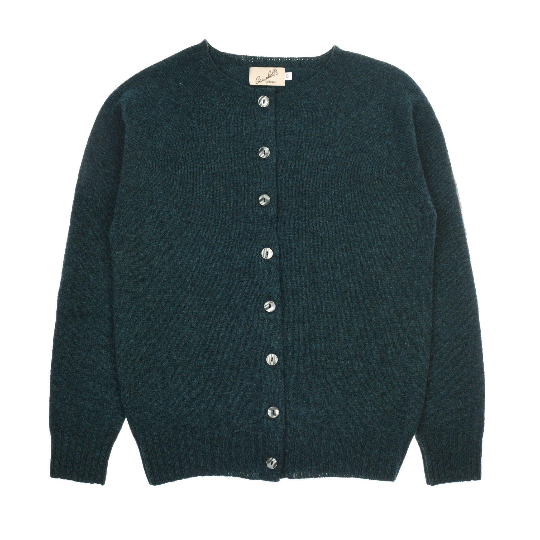 The Campbells of Beauly Crew Cardigan in teal features long sleeves, a crew neck, soft Geelong lambswool, button-up front, and ribbed cuffs and hem—an essential layering piece. Shown laid flat on a white background.