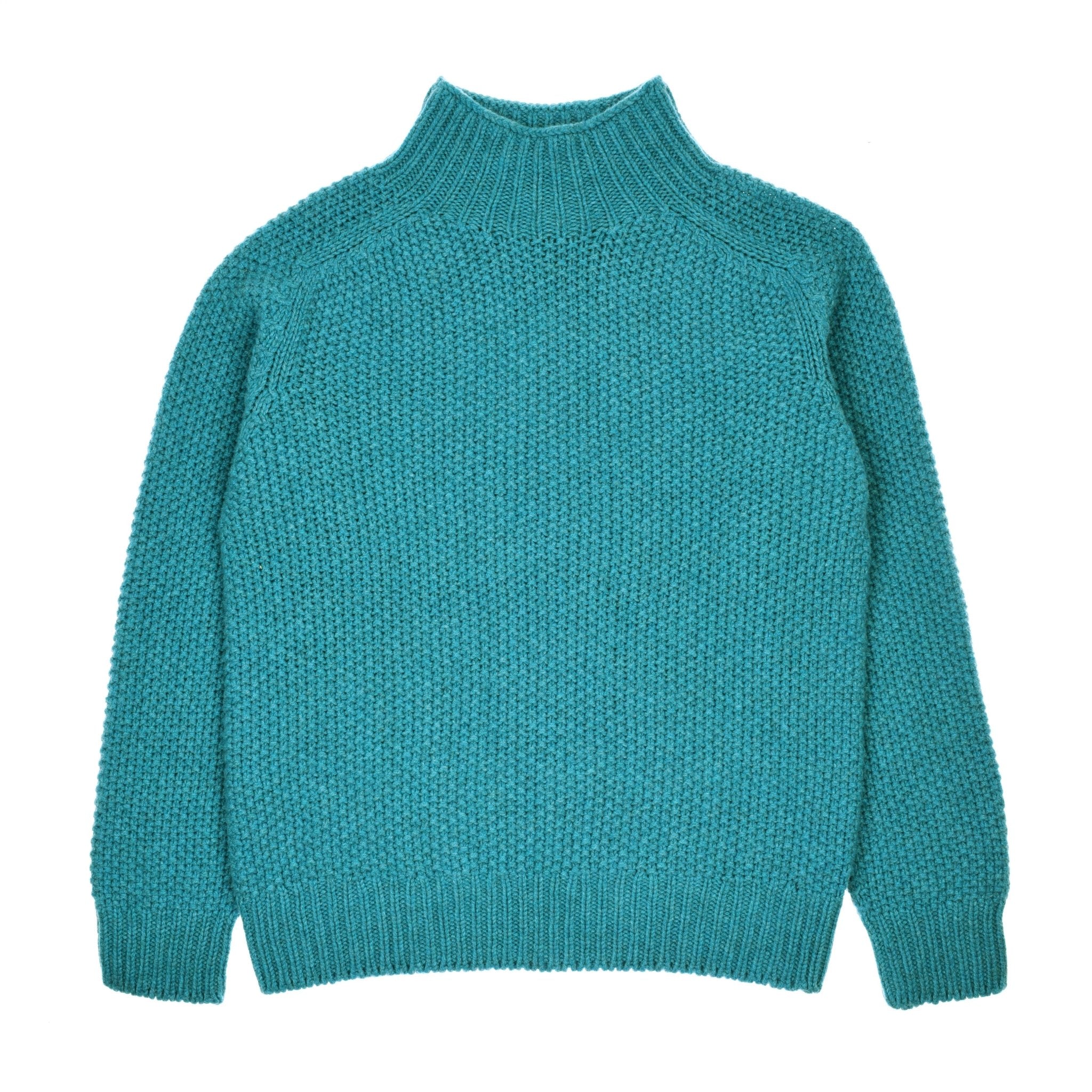 The Campbells of Beauly Chunky Moss Stitch Polo in azure is a chunky knit sweater with a high collar, long sleeves, and ribbed cuffs, collar, and hem, featuring a textured pattern and classic style. Laid flat on white background.