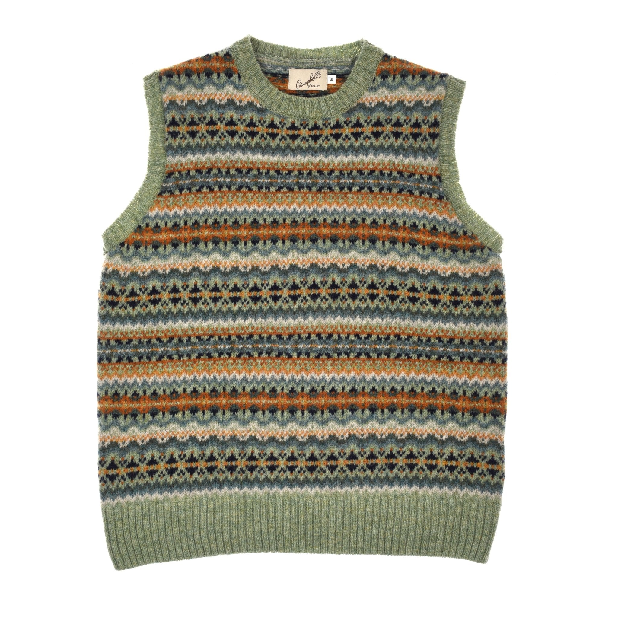 The Campbells of Beauly Fairisle Crew Tank is a sleeveless vest in Aqua, featuring a classic Fair Isle pattern and ribbed trim at the neck, armholes, and hem. Crafted from soft Shetland wool for comfort and warmth.