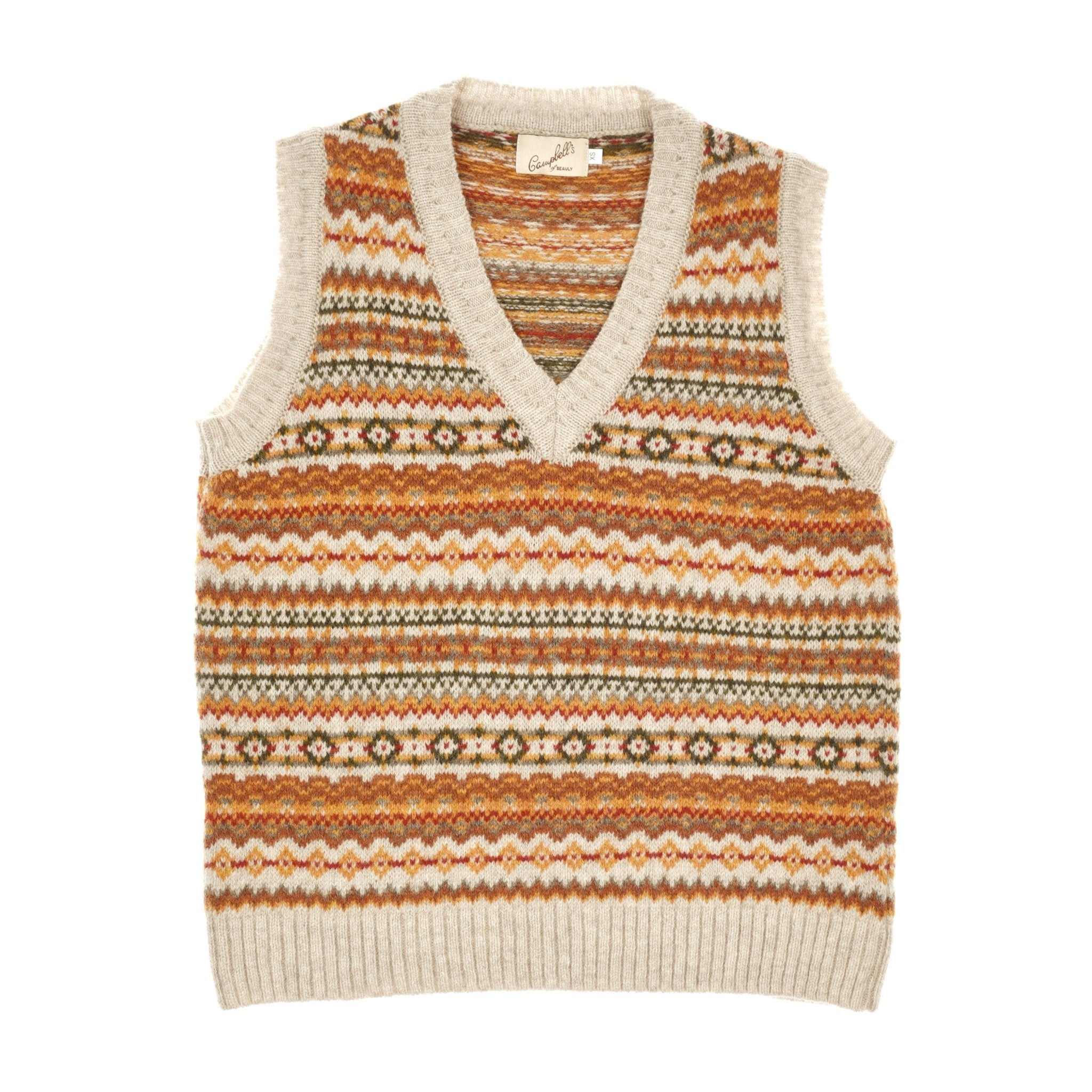 The Natural Fairisle V-Neck Tank by Campbells of Beauly is a sleeveless Shetland wool vest in natural hues, featuring a multicolored geometric pattern and ribbed neckline, armholes, and hem, crafted in Scotland.
