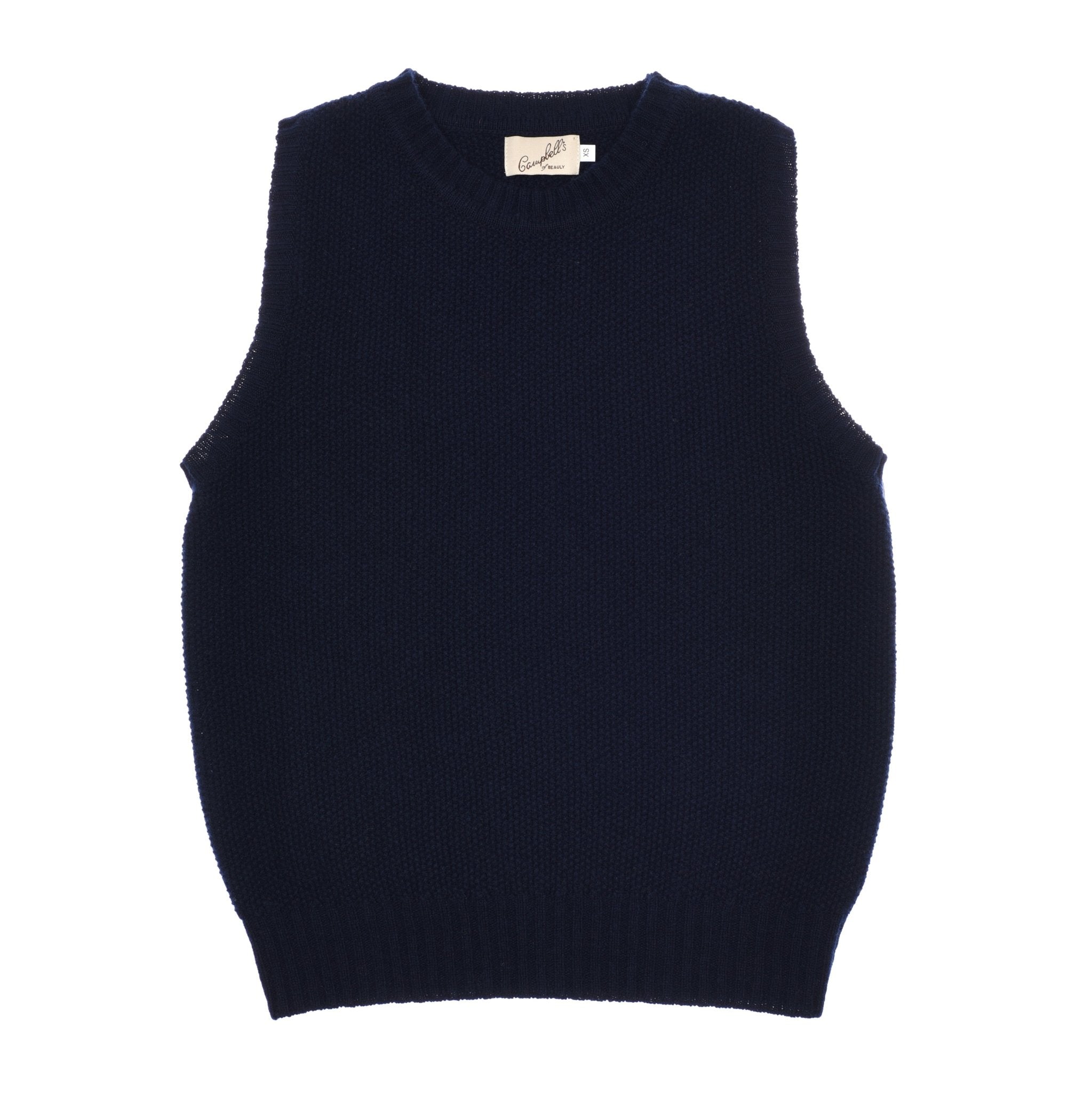 The Campbells of Beauly Moss Stitch Crew Tank in navy, crafted from Scottish yarn with a crew neckline, is shown sleeveless and flat on a white background—ideal for versatile layering.