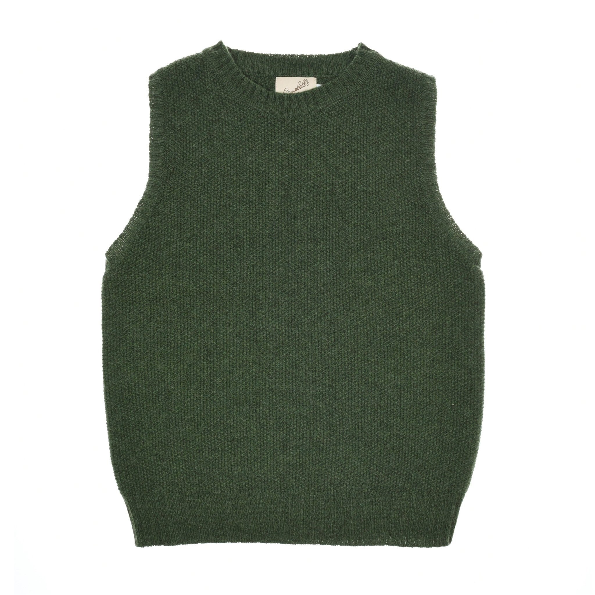 The Campbells of Beauly Moss Stitch Crew Tank in Serpentine is a sleeveless, Scottish-yarn sweater vest with a crew neckline and ribbed trim at the neck, armholes, and hem, shown laid flat on a white background.