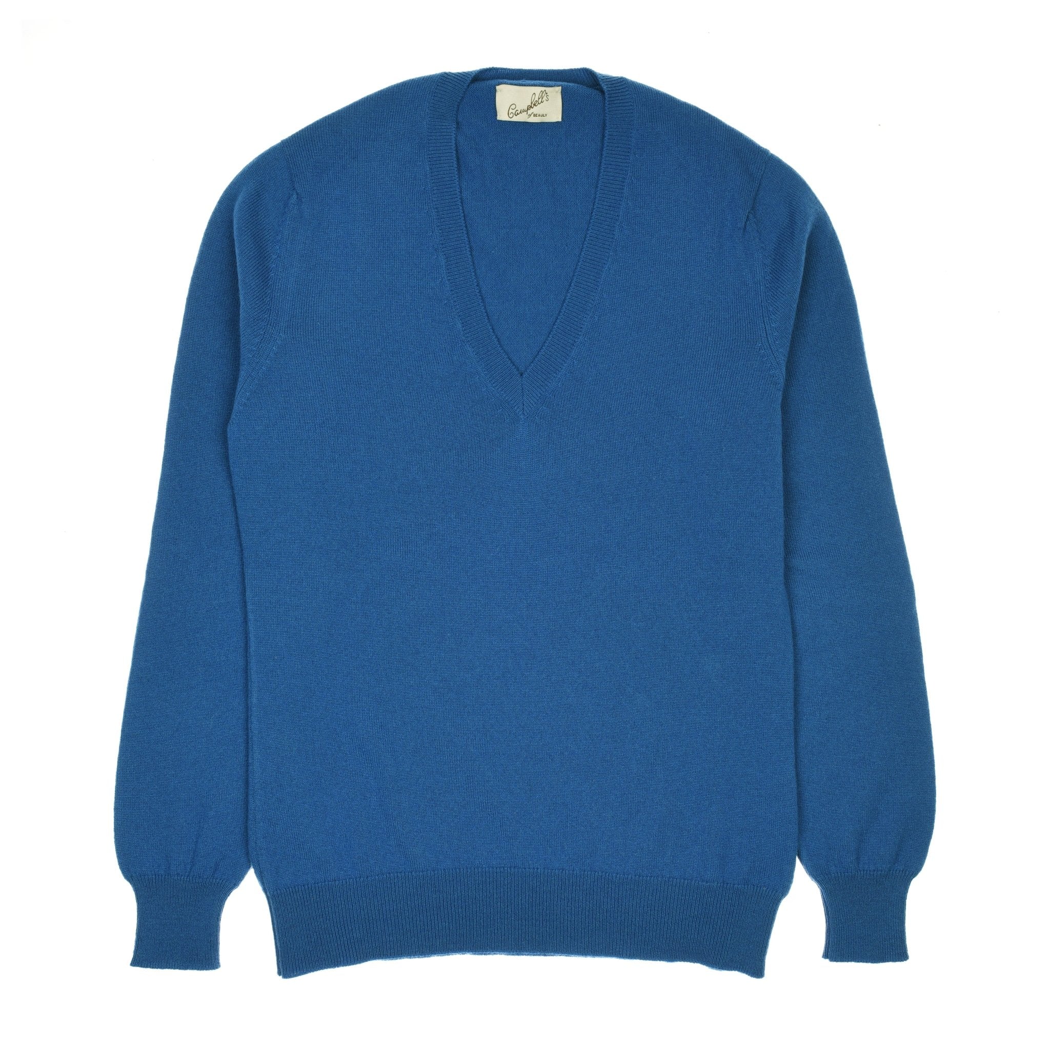 The Campbells of Beauly Cashmere V-Neck in sapphire is a long-sleeve jumper with ribbed cuffs and hem, crafted from soft 1-ply cashmere yarn, shown here laid flat on a white background.