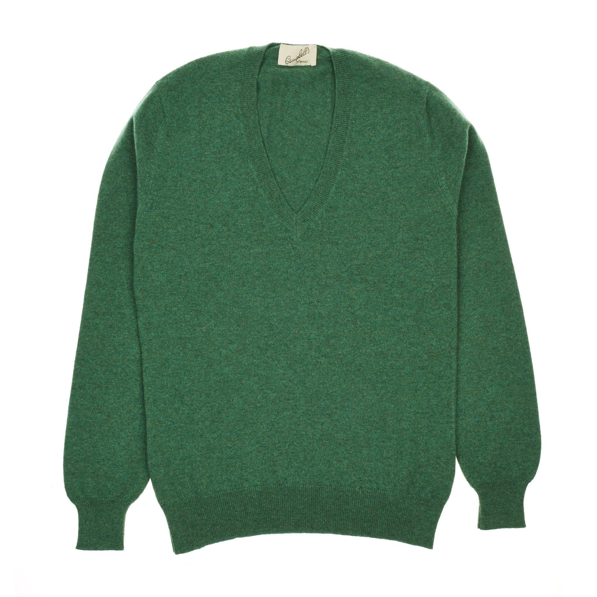 A Willow Cashmere V-Neck by Campbells of Beauly is laid flat on a white background. Made from soft 1-ply cashmere yarn, it features ribbed cuffs and hem, plus a beige tag at the neckline. Crafted in the Scottish Borders.