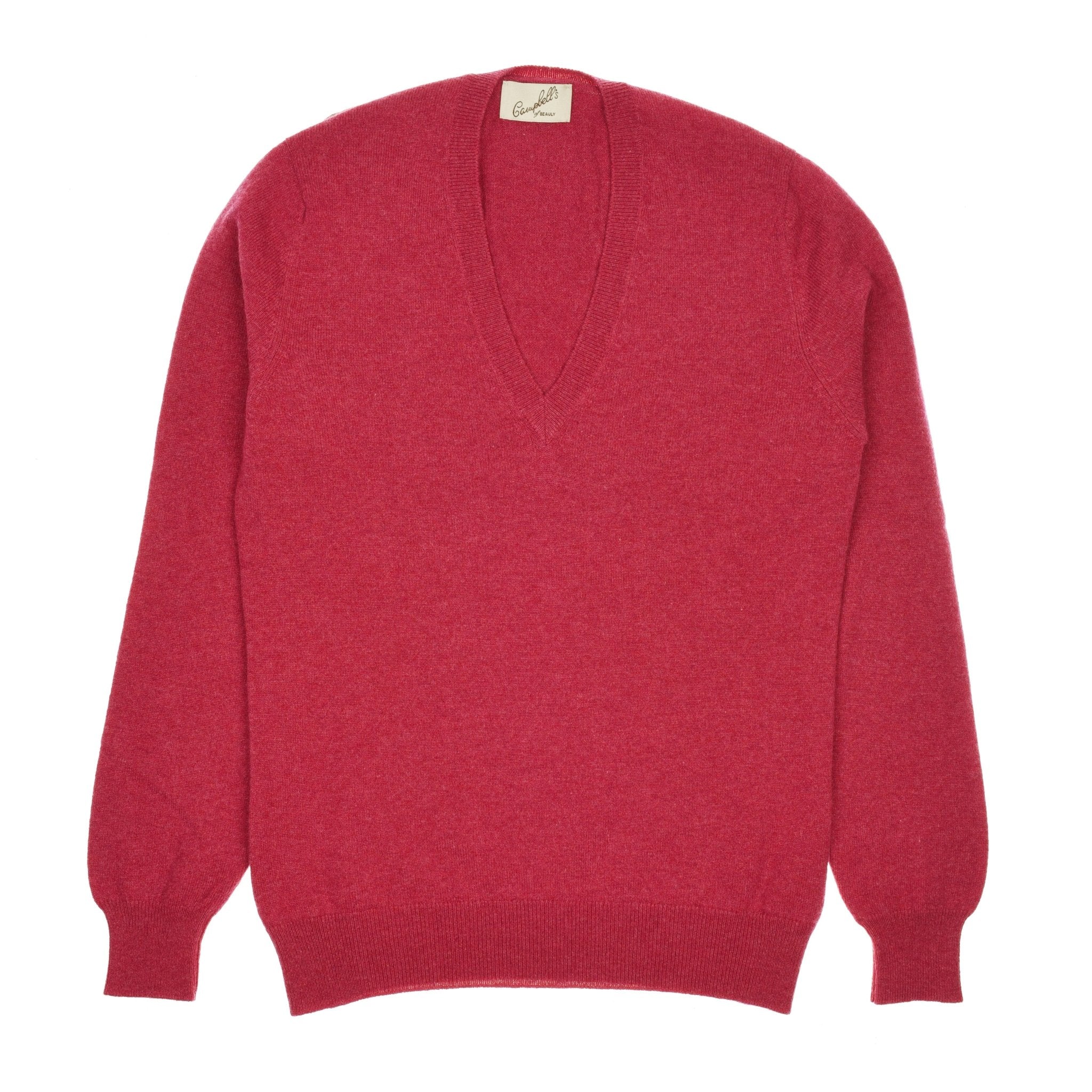 The Campbells of Beauly Cashmere V-Neck in Berry, made from soft 1-ply cashmere yarn with long sleeves, ribbed cuffs and hem, is inspired by traditional Scottish Borders styles and shown laid flat on a white background.