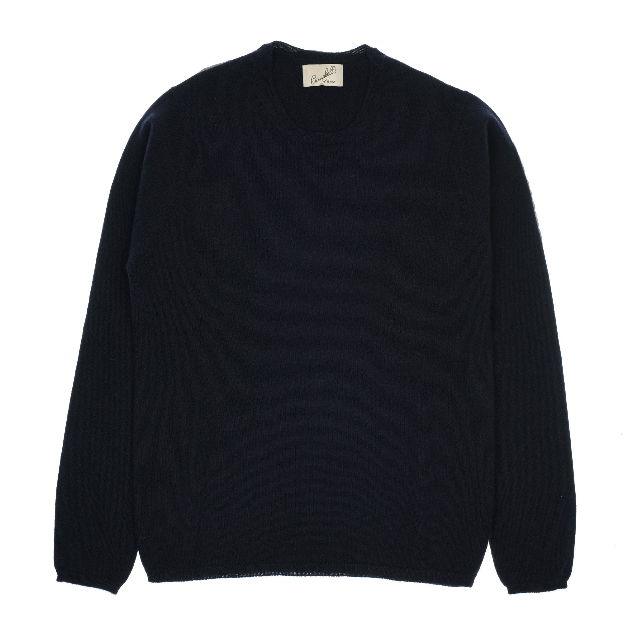The Campbells of Beauly Cashmere Crew Neck is a plain, long-sleeved dark navy jumper with ribbed neckline, cuffs, hem, and a beige neck label—crafted in the Scottish Borders and laid flat on a white background.
