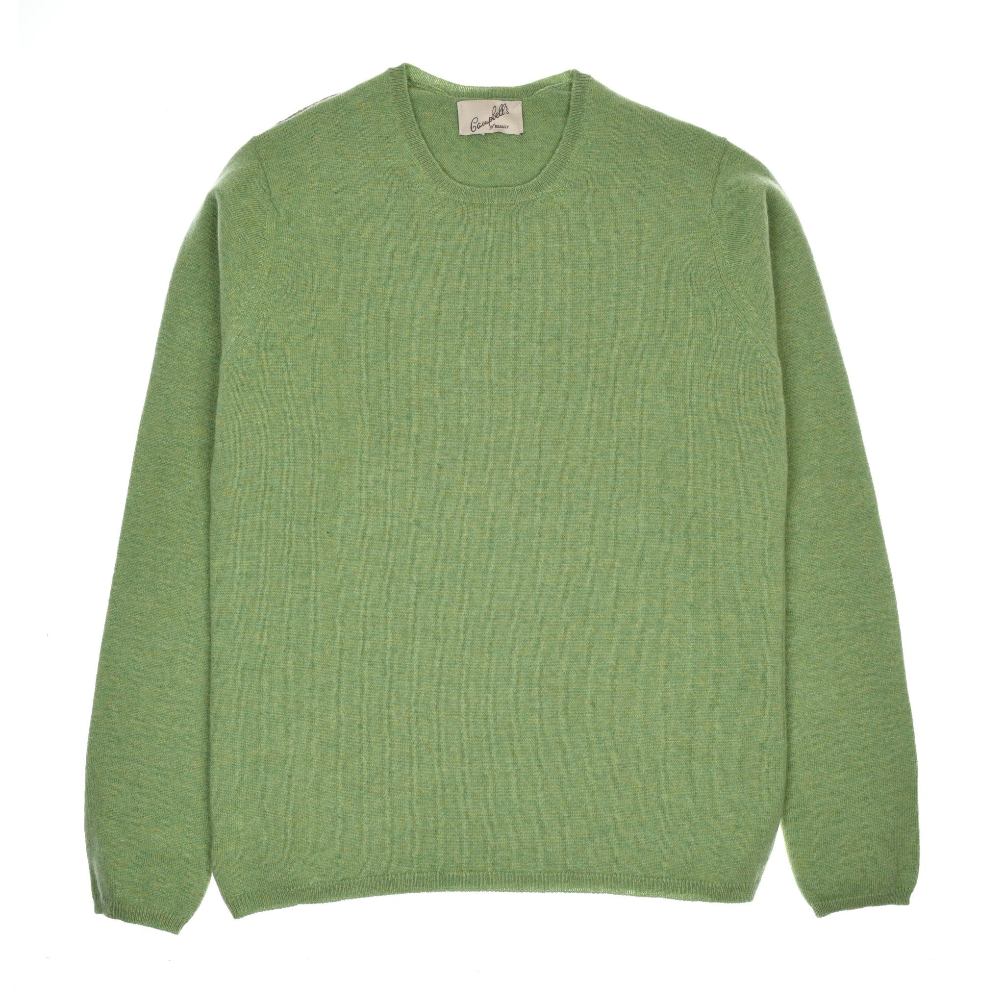 The Campbells of Beauly Cashmere Crew Neck in light green is laid flat on a white background, showcasing its soft, woolen texture and ribbed cuffs, neckline, and hem. A small label accents the inside back of the neck.