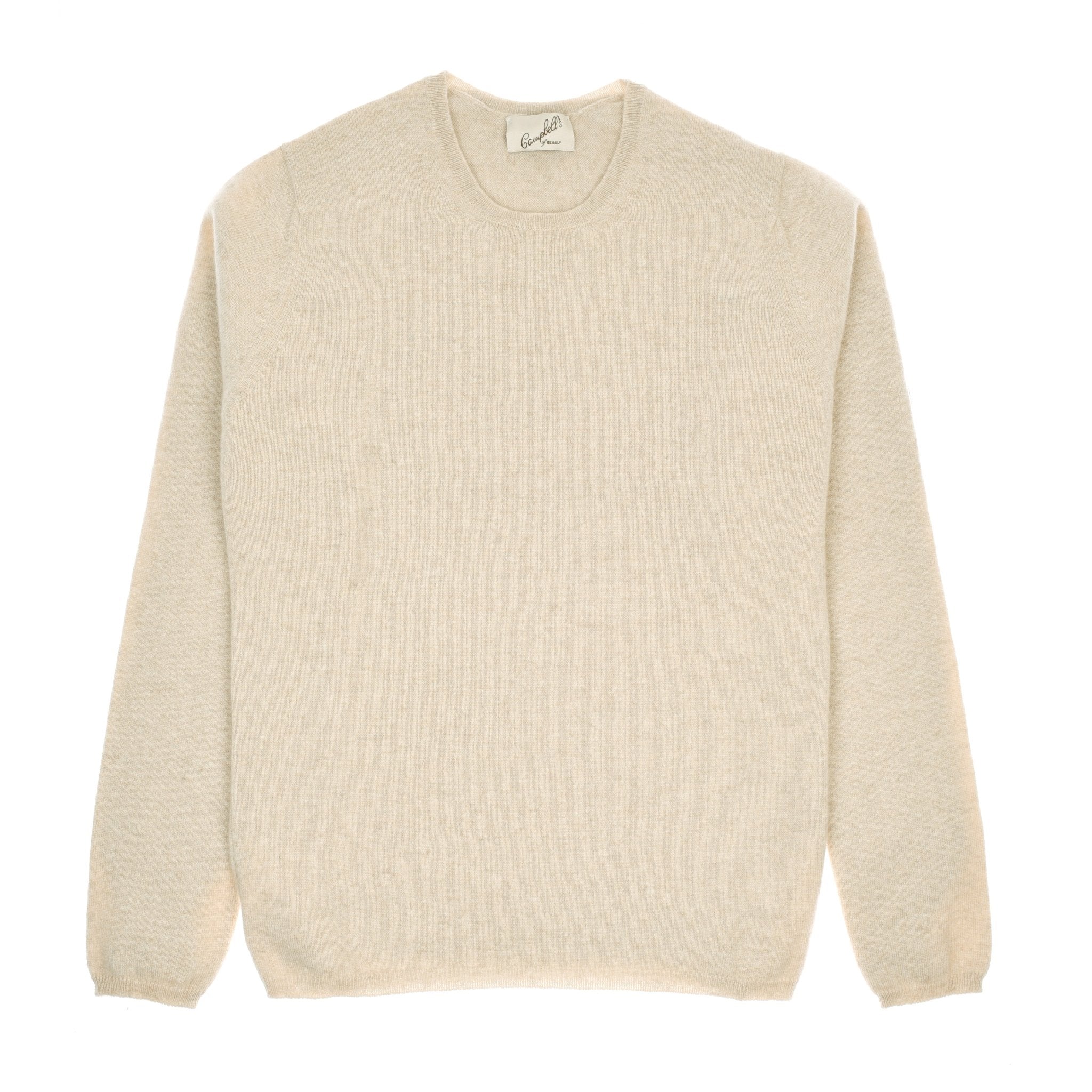 The Campbells of Beauly Cashmere Crew Neck, in light beige, features long sleeves, a classic fit, and ribbed cuffs, hem, and neckline. Soft cashmere gives it a slightly fuzzy look—timeless style inspired by the Scottish Borders.