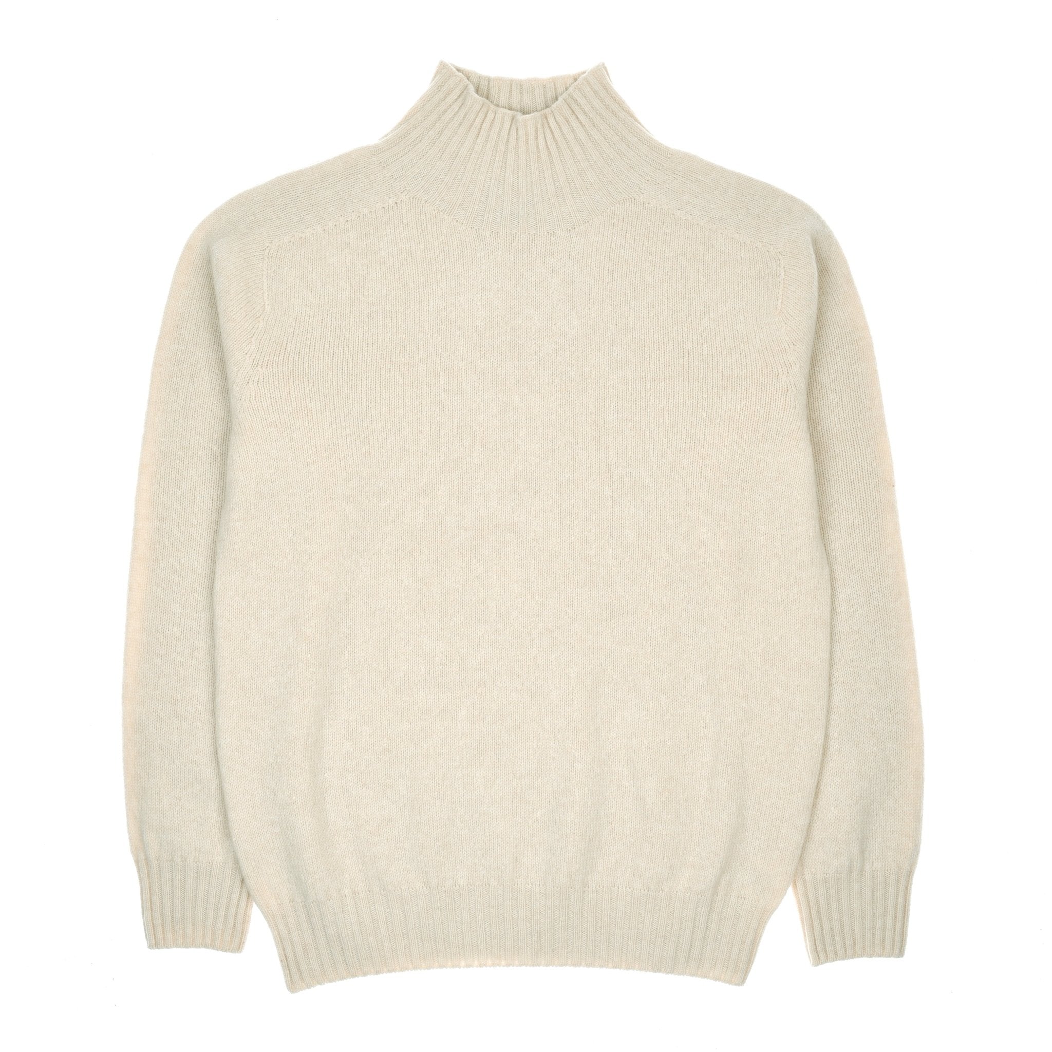 The Campbells of Beauly Geelong Lambswool Funnel Neck in ivory features long sleeves, a high ribbed funnel neck collar, ribbed cuffs, and hem, crafted in Scotland from soft lambswool and shown laid flat on a white background.