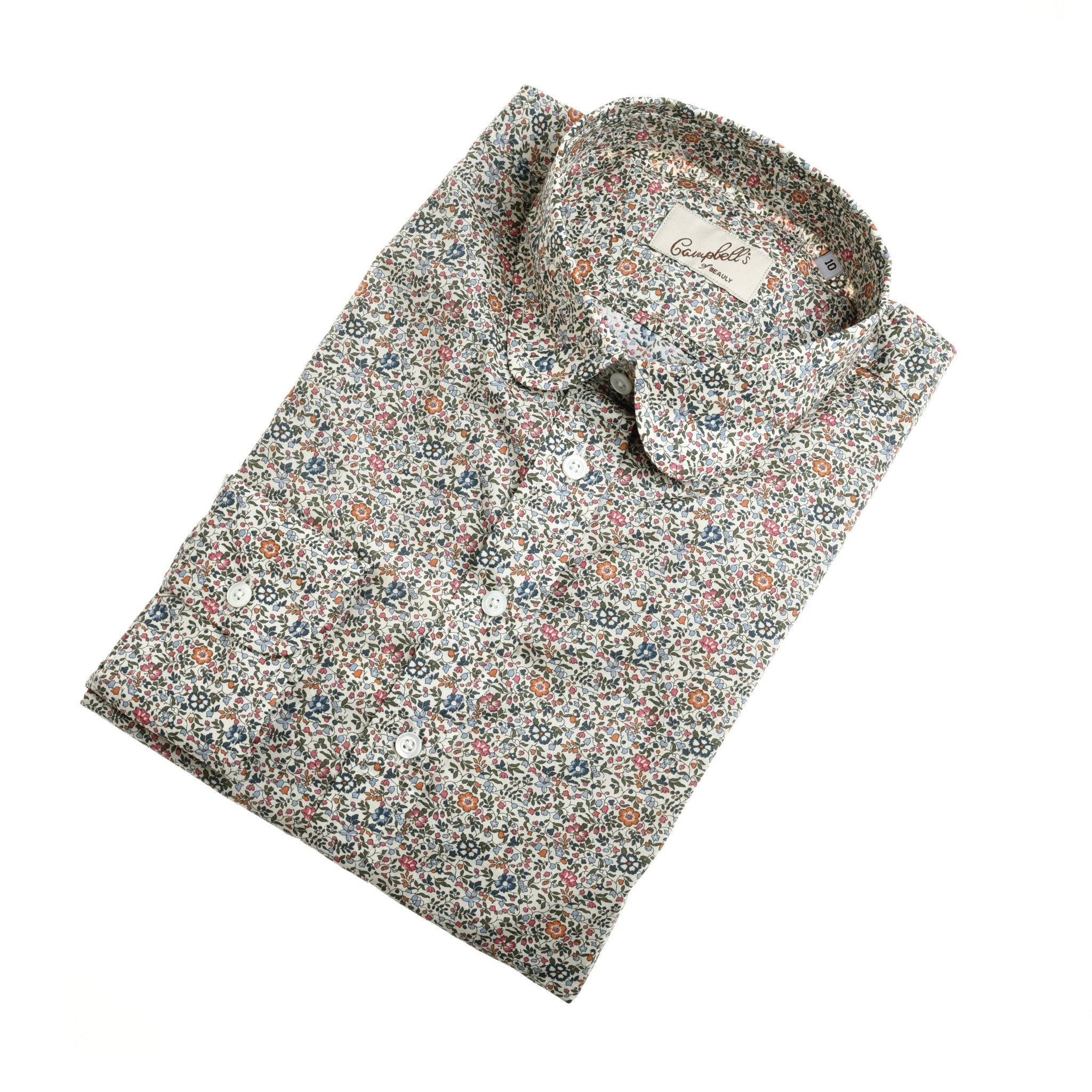 The Campbells of Beauly Liberty Print Katie & Millie Shirt features long sleeves and a small floral pattern in vibrant colors on soft Tana Lawn Cotton, neatly folded and shown on a white background.