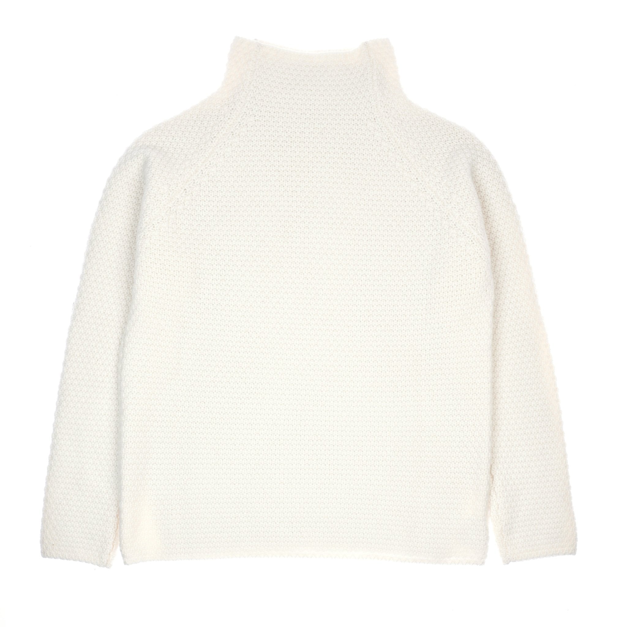 The Campbells of Beauly Cashmere Funnel Neck Jumper in white features a textured knit and luxurious feel, inspired by timeless Scottish Borders designs. Shown laid flat with the back facing up.
