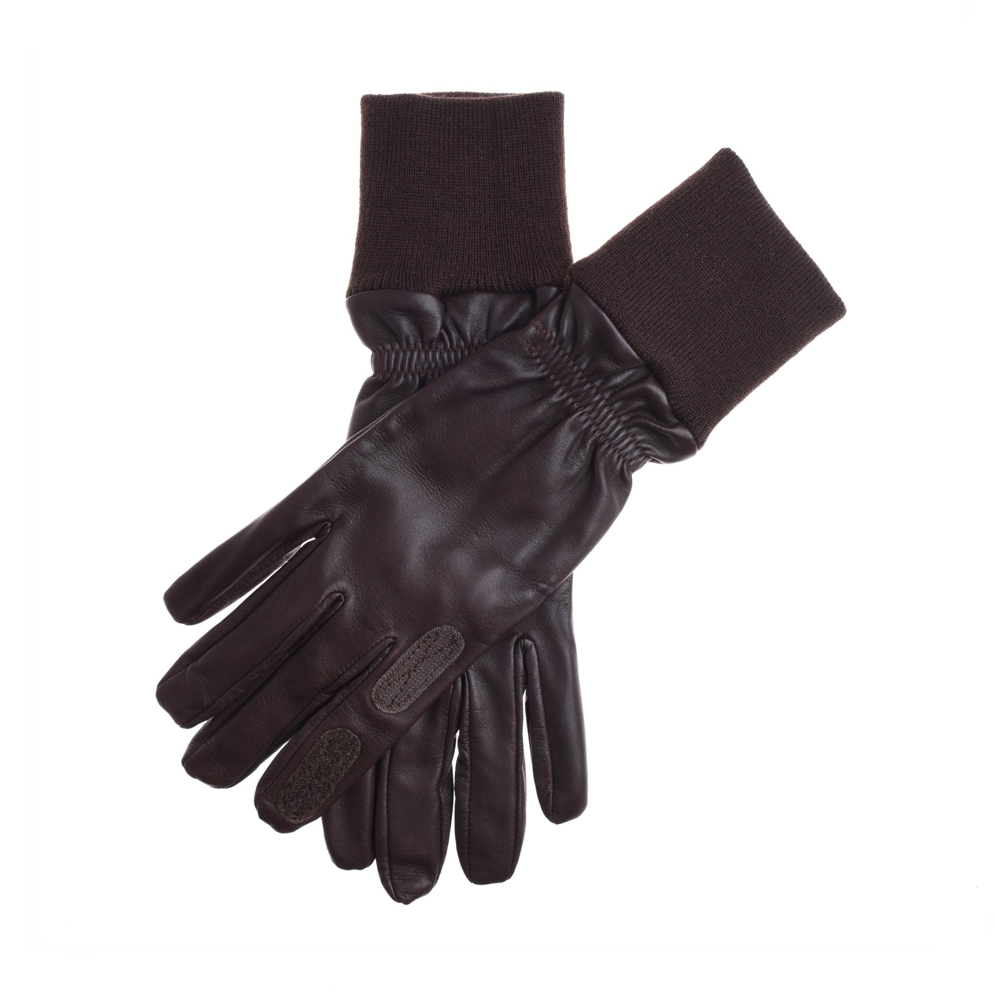 A pair of brown Shooting Gloves from Campbells of Beauly with ribbed knit cuffs, displayed on a white background—one glove is laid flat while the other rests partially on top.