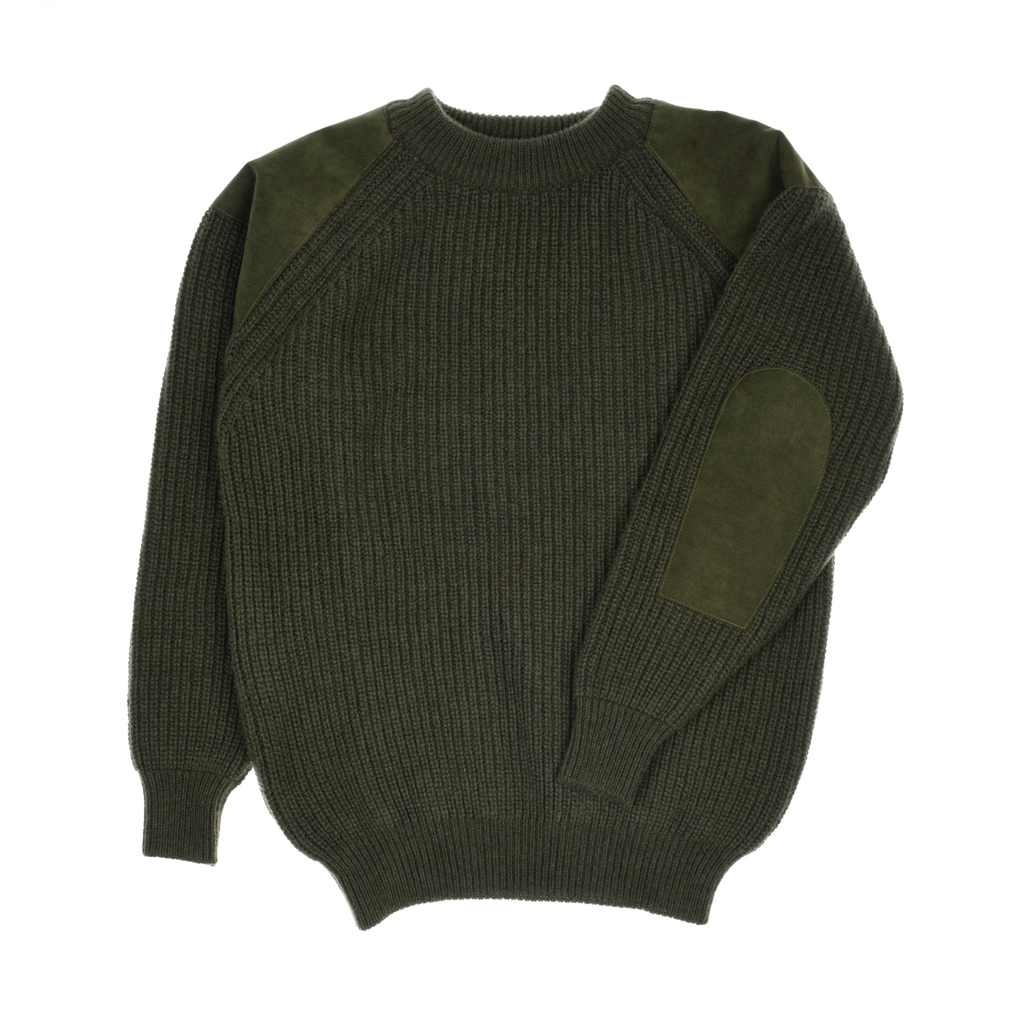 The Lux Cashmere Shooter Crew Jumper by Campbells of Beauly is a dark green, ribbed knit sweater with suede shoulder and elbow patches, long sleeves, and a crew neck—offering refined warmth for any country wardrobe.