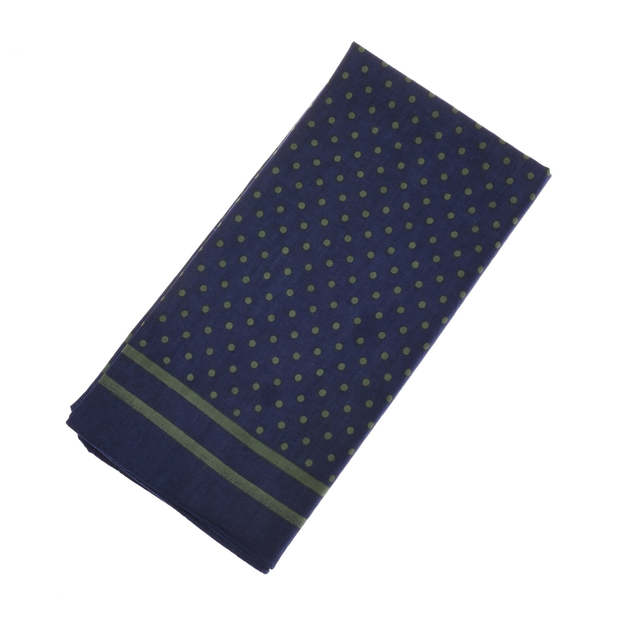 The Cotton Spotty Hank by Campbells of Beauly features a navy and olive spotty design, with two olive stripes near the edge, neatly folded and displayed on a white background.