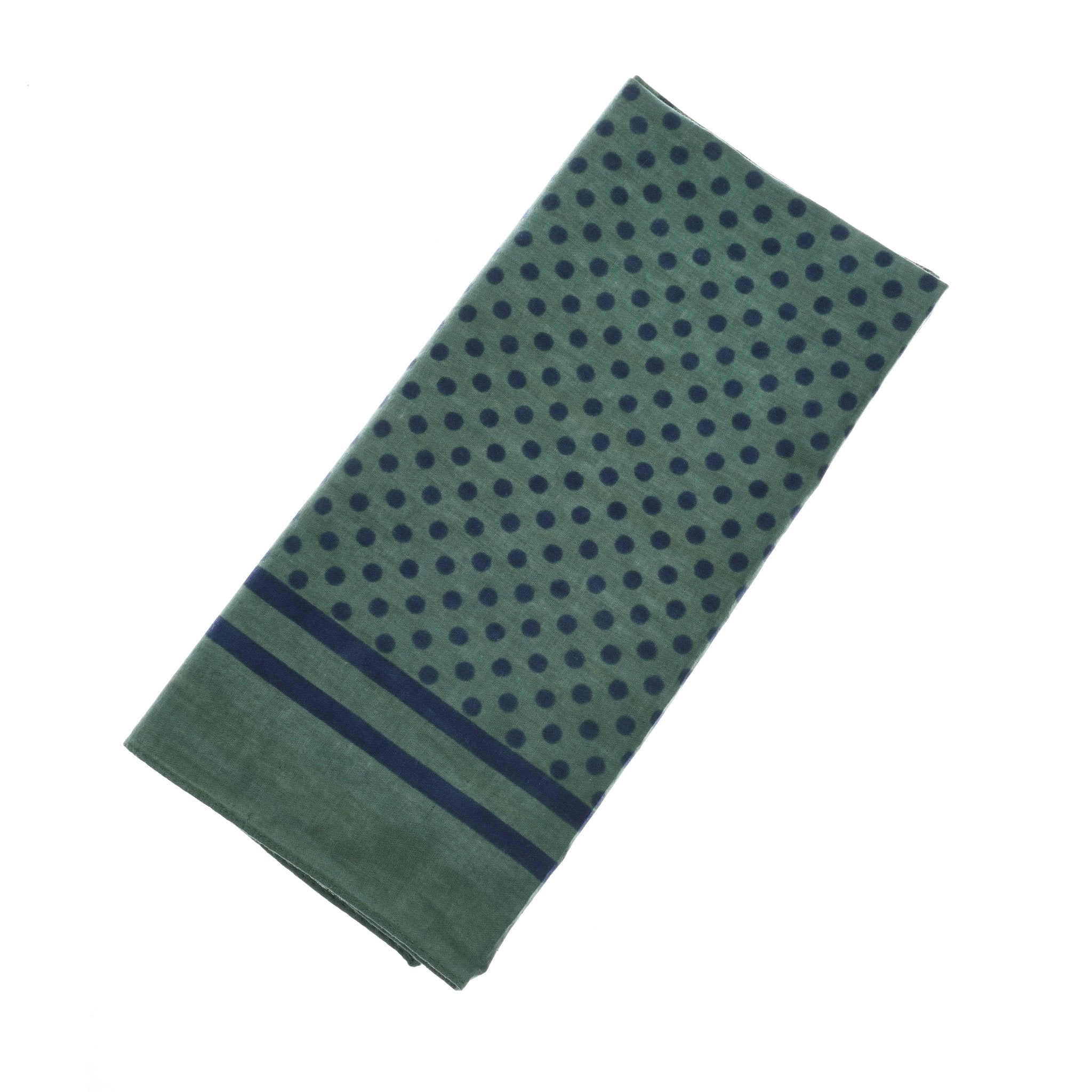 The Campbells of Beauly Cotton Spotty Hank features olive fabric with navy polka dots and two parallel navy stripes near one edge, combining classic style with quality cotton.
