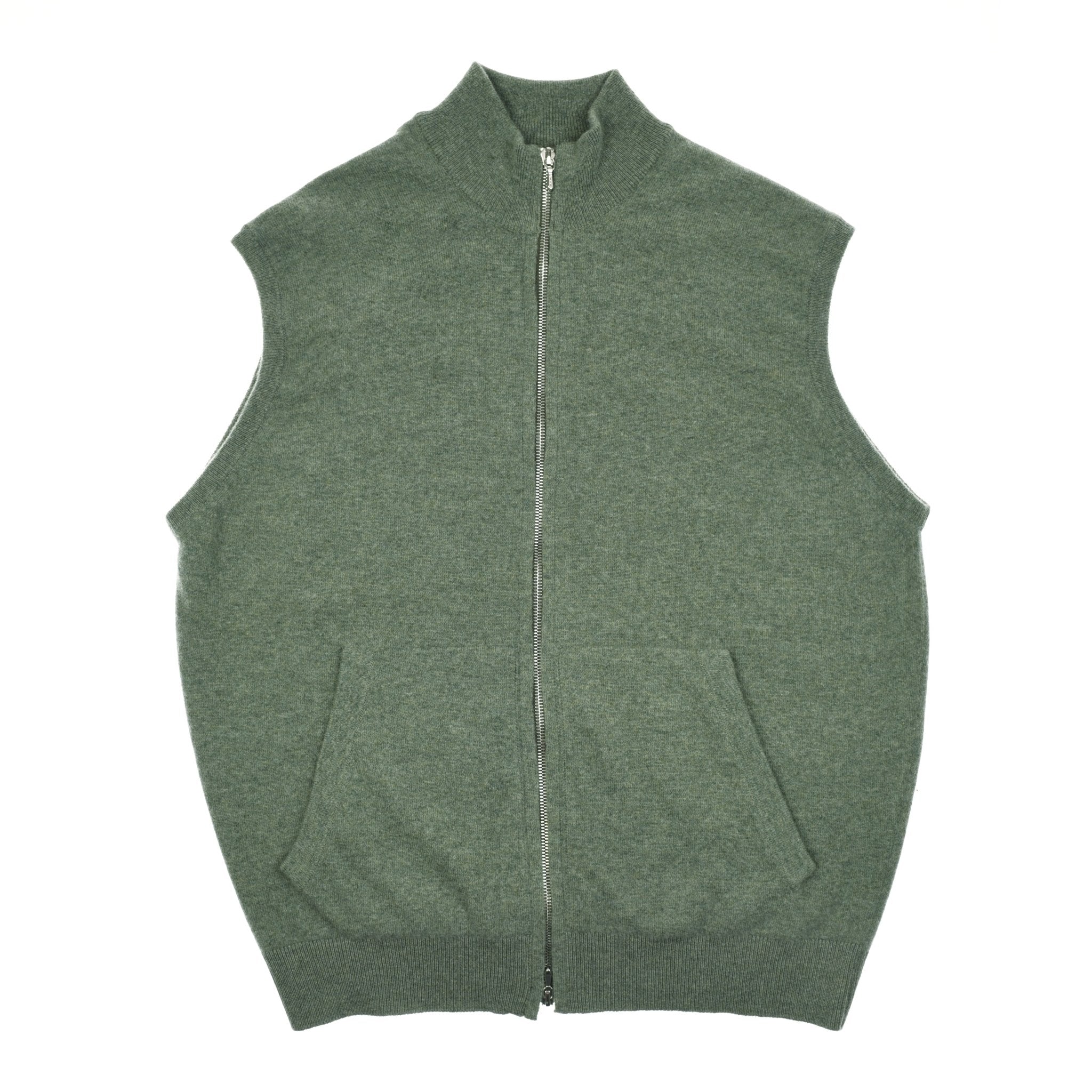 The Campbells of Beauly Zip Gilet in Landscape is a sleeveless, zip-up knit with a high collar and two front pockets, crafted from Super Geelong wool and shown laid flat on a white background.