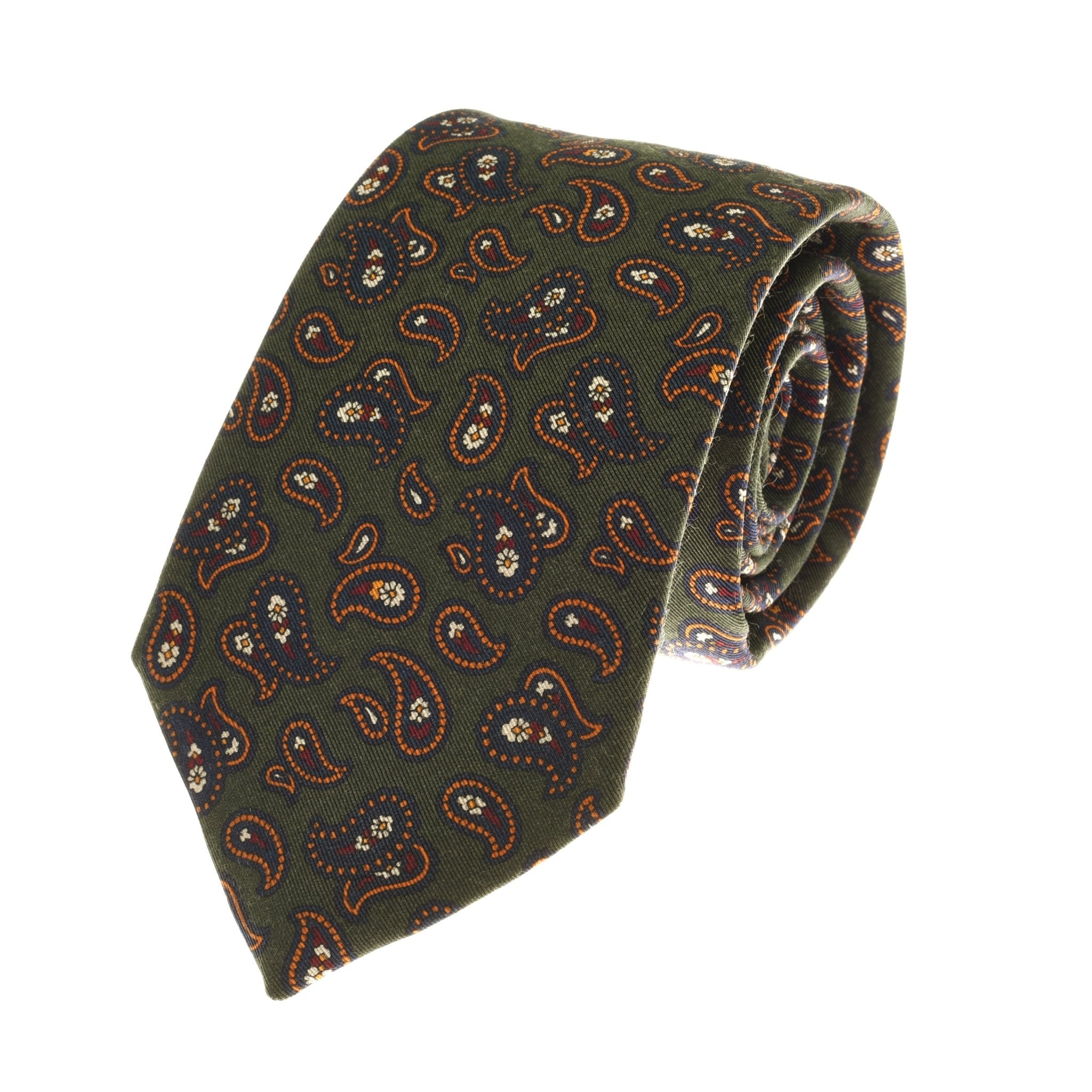 The Paisley Silk Tie by Campbells of Beauly features a green background with blue, orange, and white paisley patterns, expertly crafted from premium silk.