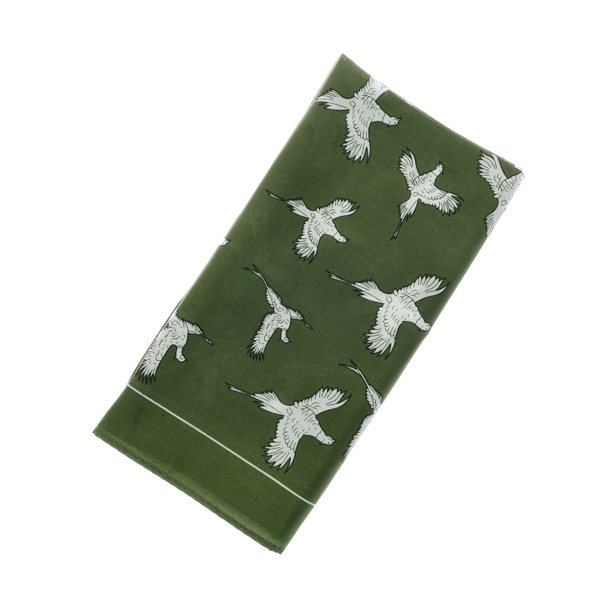 The Cotton Pheasant Hank by Campbells of Beauly is an olive cotton handkerchief patterned with white pheasants in flight, neatly folded for a refined look.