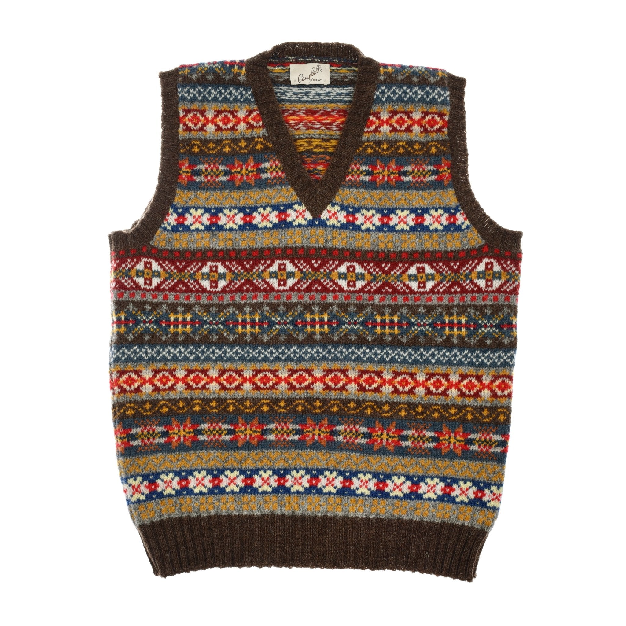 The Campbells of Beauly Fairisle Slipover in Chestnut is a sleeveless Shetland wool vest with a V-neck and colorful horizontal Fair Isle patterns featuring charming small house motifs.