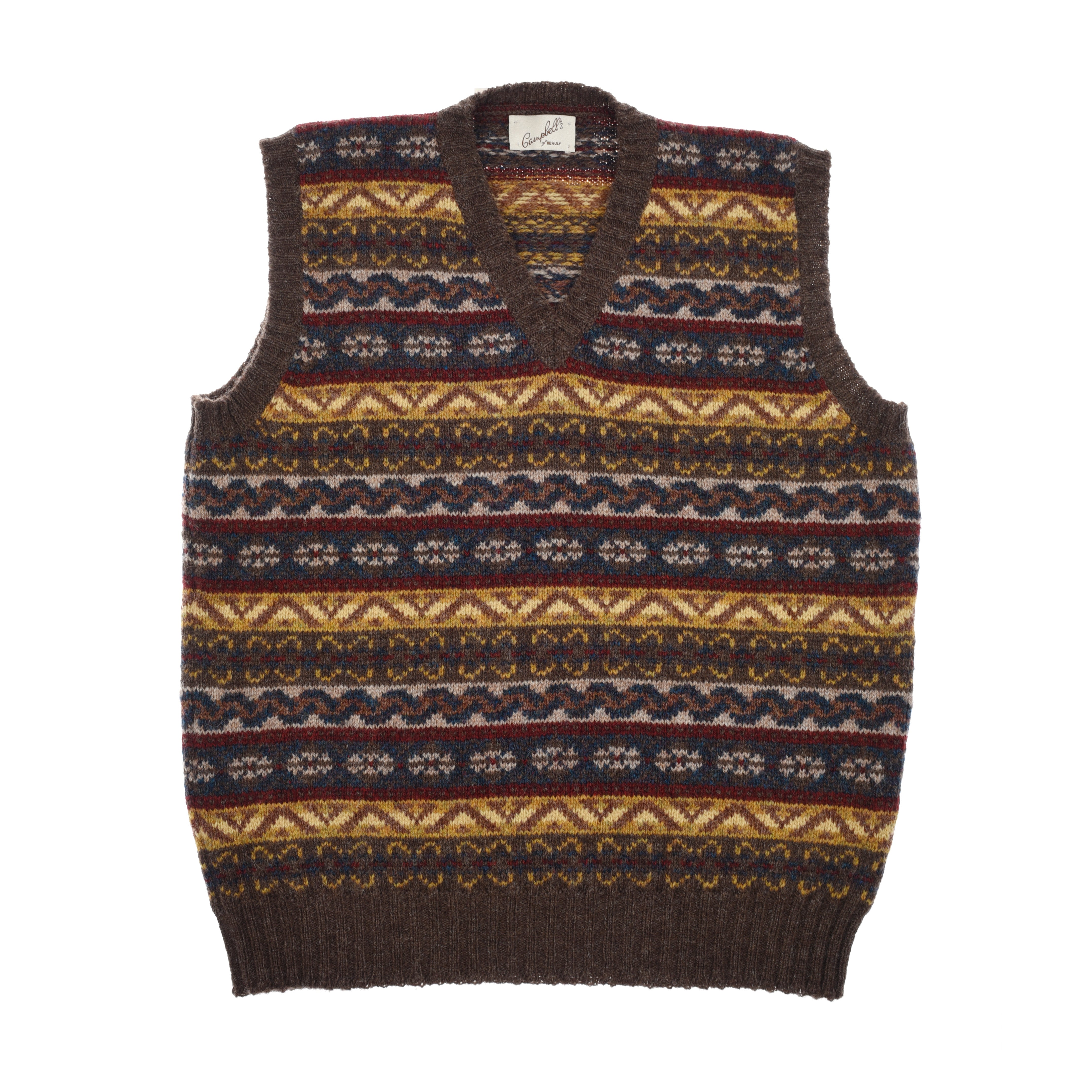 The Campbells of Beauly Fairisle Slipover is a sleeveless V-neck vest in soft Shetland wool, featuring traditional brown, yellow, red, blue, and white Fairisle bands with geometric and zigzag patterns.
