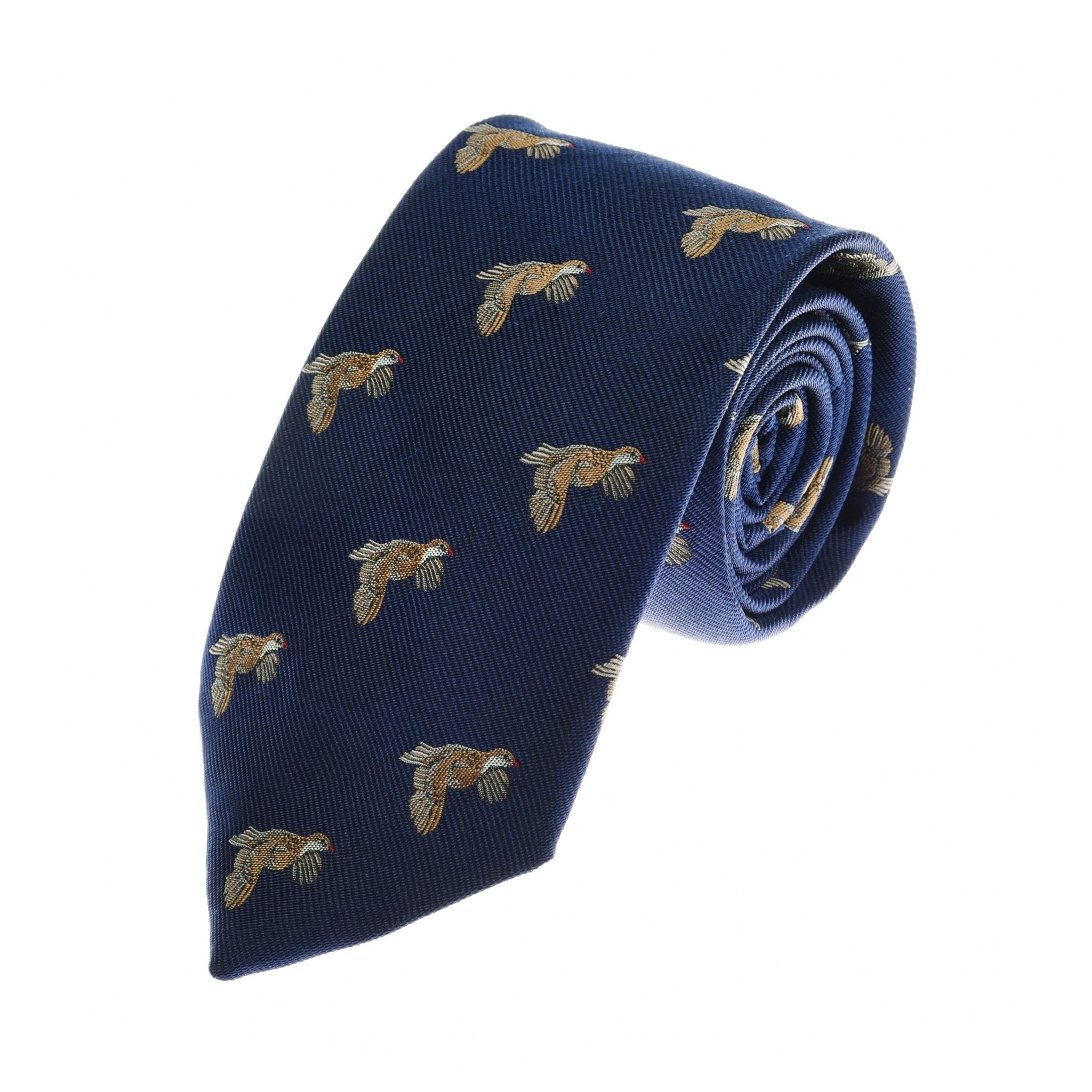 The Partridge Silk Tie by Campbells of Beauly is a handmade navy tie featuring embroidered flying birds in shades of brown, tan, and white, crafted from fine silk.