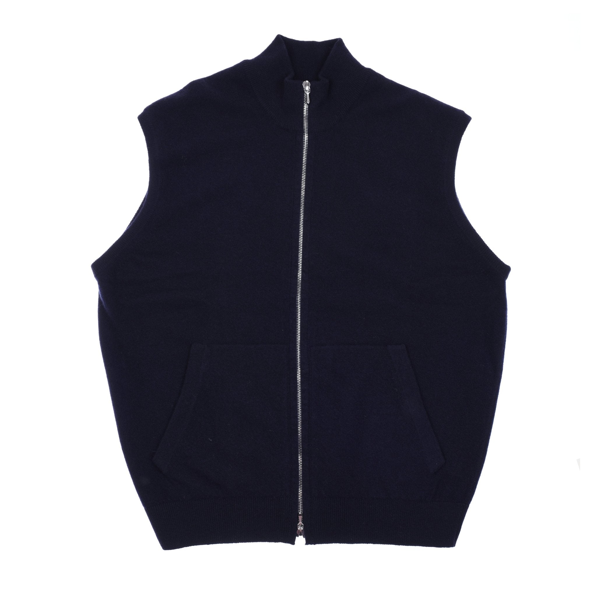 The Campbells of Beauly Zip Gilet is a sleeveless, navy knitted vest in Super Geelong wool with a high collar and two front pockets, shown laid flat on white—a classic piece for timeless style.