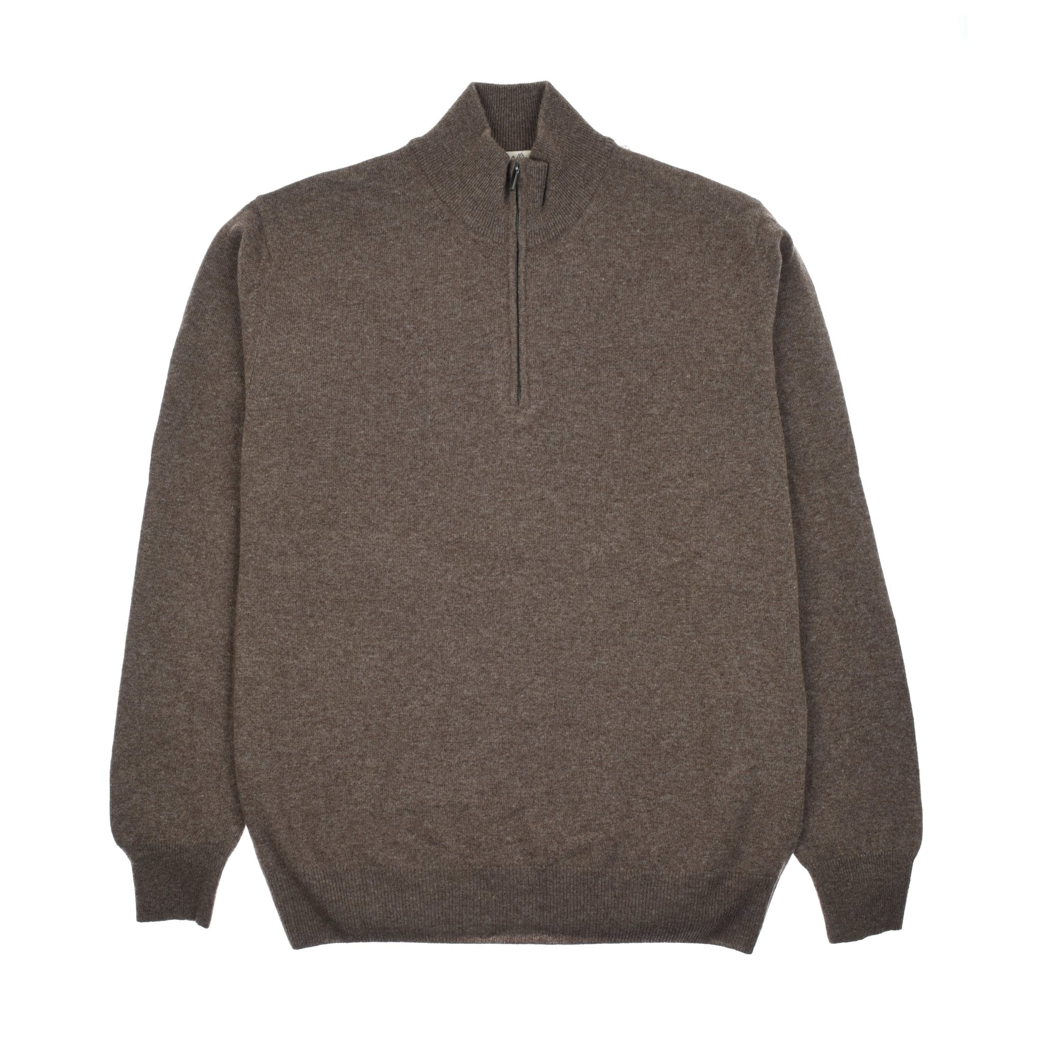 A brown Merino & Cashmere Quarter Zip Jumper by Campbells of Beauly, featuring a mock neck and classic style, is laid flat on a white background.