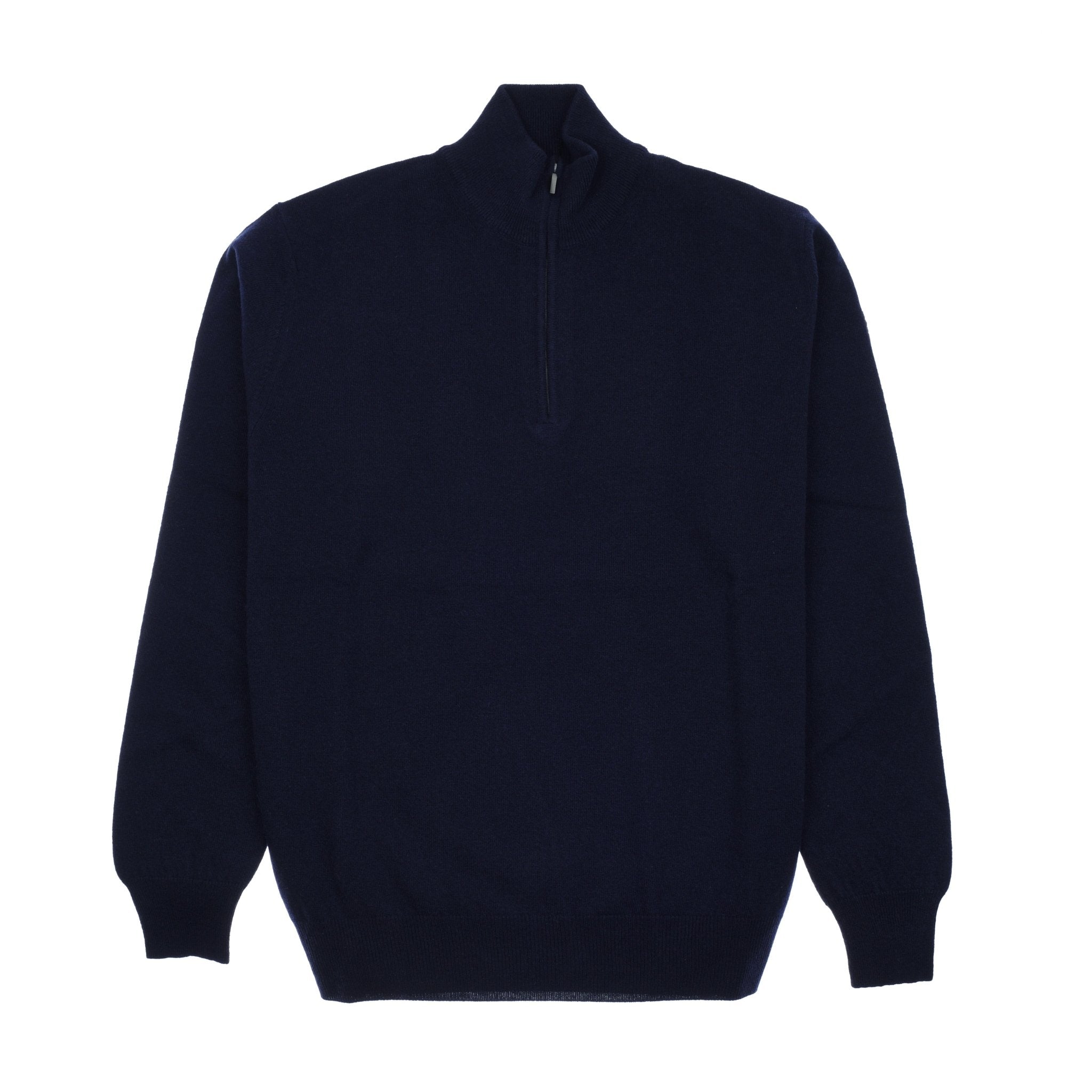 A Campbell’s of Beauly Merino & Cashmere Quarter Zip Jumper in navy, featuring long sleeves, a high collar, and a quarter-zip front, is displayed flat on a white background.