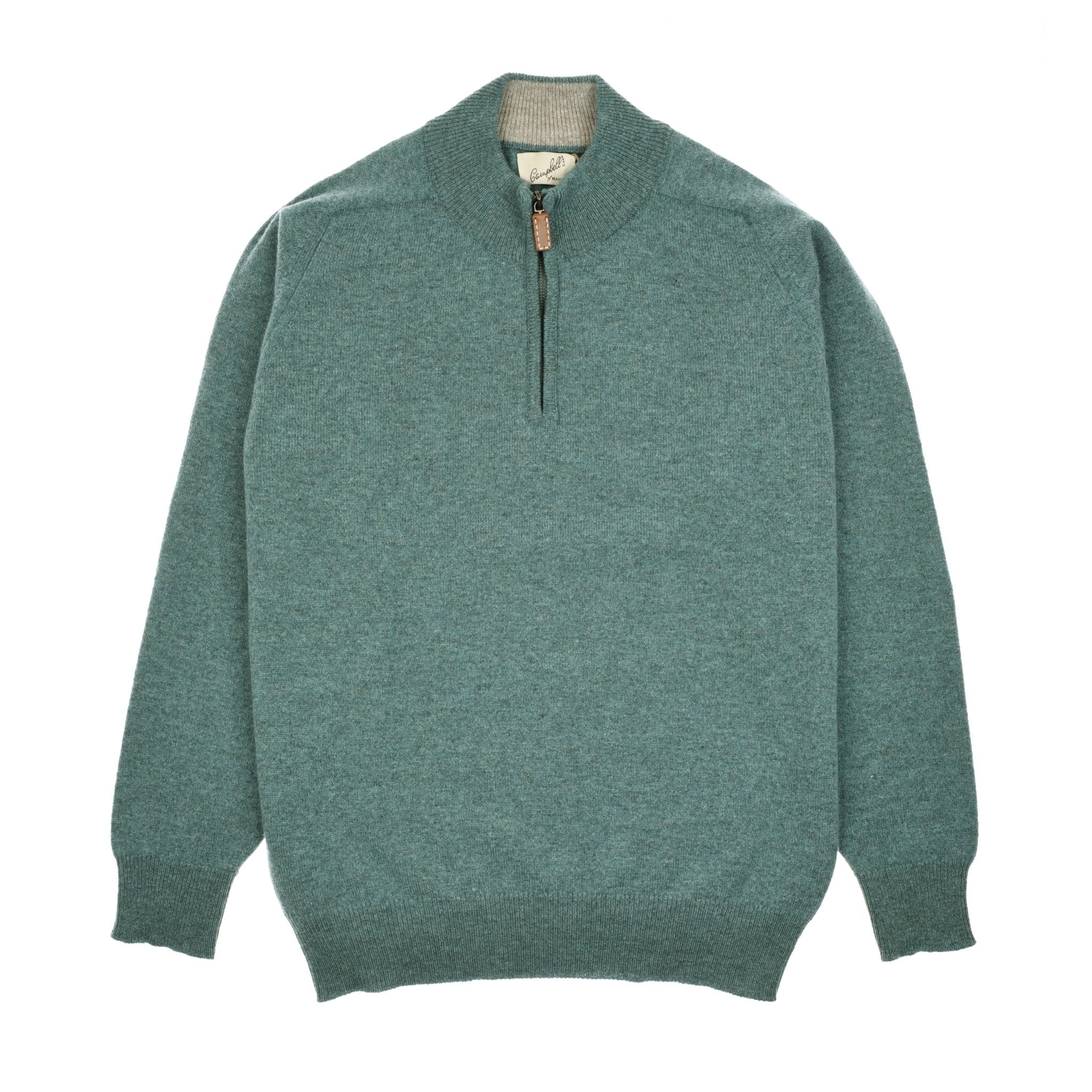 Campbells of Beauly Lambswool Quarter Zip Jumper in teal features long sleeves, ribbed collar, cuffs and hem, plus a stylish quarter-zip—offering warmth inspired by the Scottish Borders.