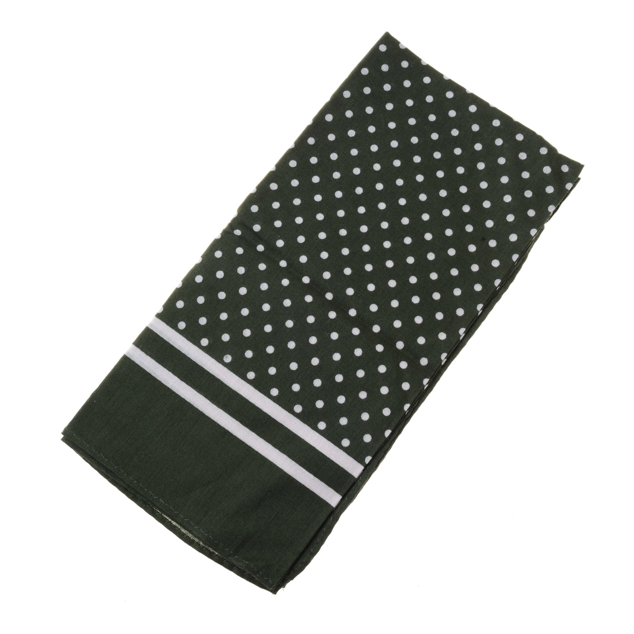 The Campbells of Beauly Cotton Spotty Hank in Loden features a classic spotty design with two parallel white stripes near one edge, shown neatly folded on a white background.