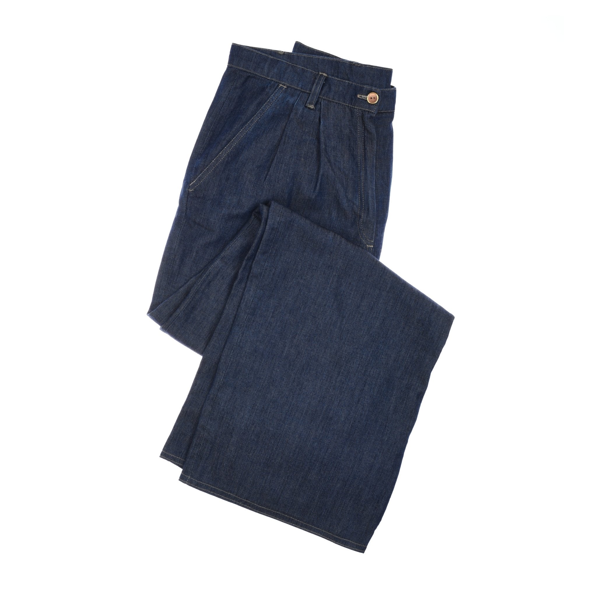 A pair of Campbells of Beauly Wide Leg Jeans in dark blue lightweight denim with a button closure, neatly folded and displayed on a white background.