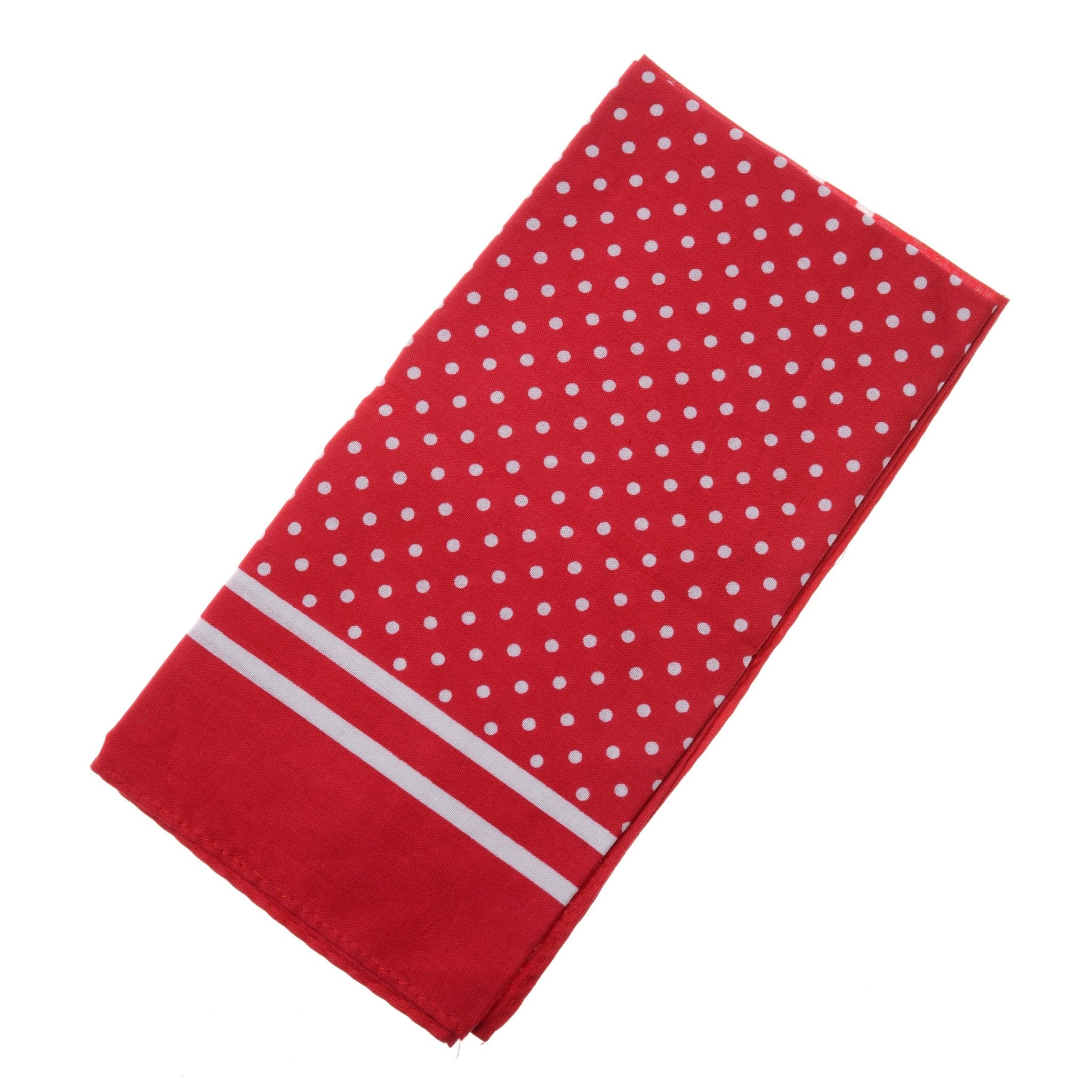 The Campbells of Beauly Cotton Spotty Hank is a red cotton handkerchief featuring white polka dots and two parallel white stripes, displayed against a plain white background.