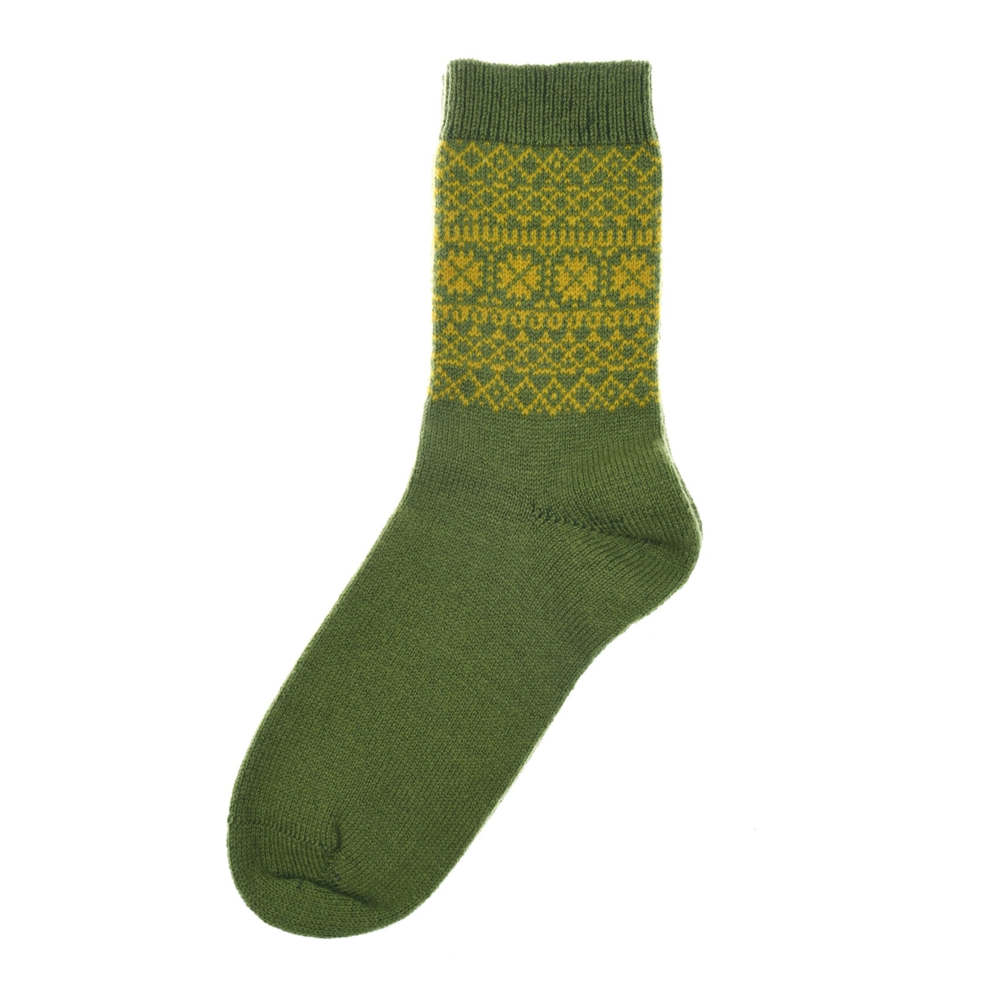The Two-Colour Fairisle Cashmere Sock by Campbells of Beauly in Loden features a yellow geometric pattern with diamond and cross shapes around the calf, inspired by Scottish knitwear; the toe, heel, and foot are plain loden for a classic look.