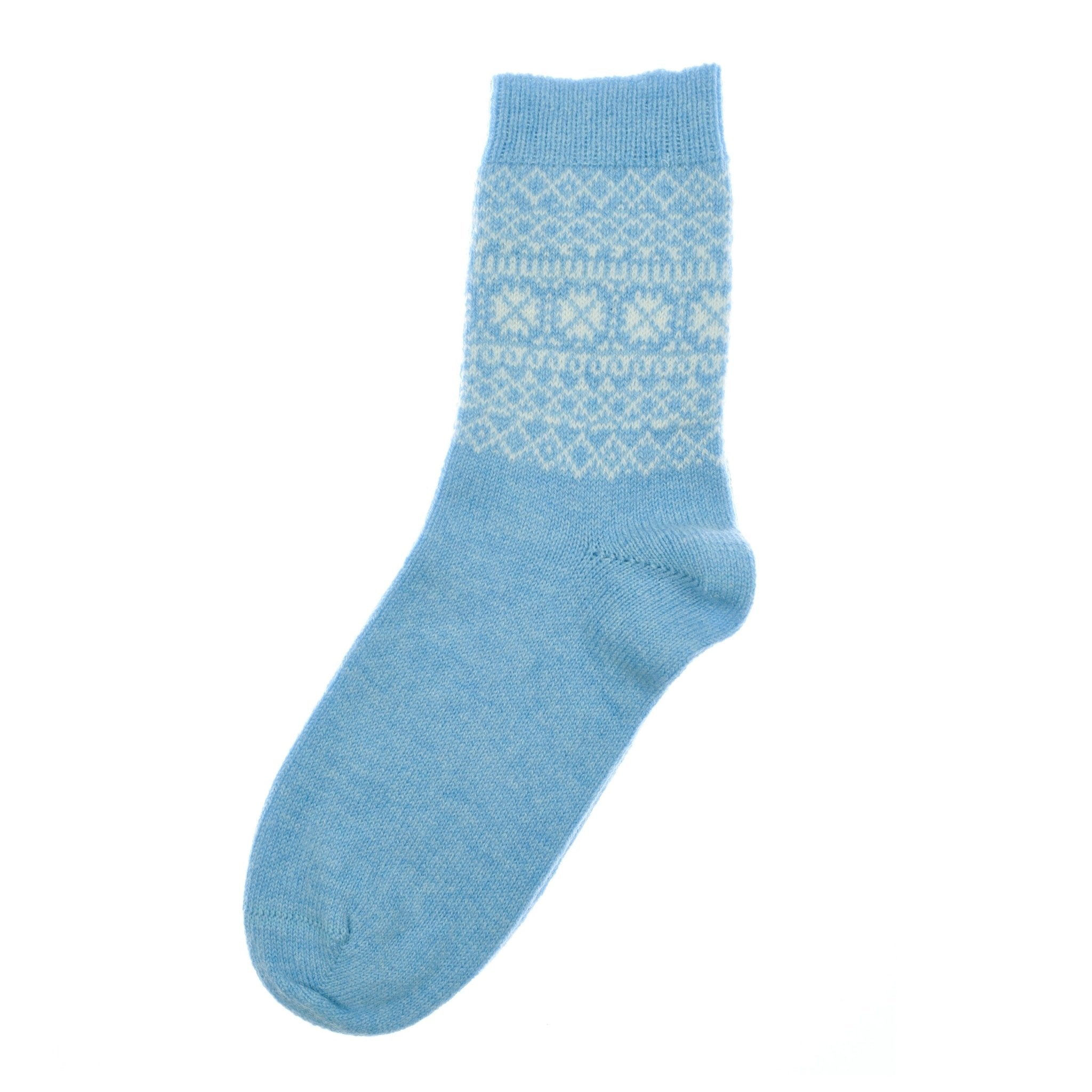A luxurious blue Two-Colour Fairisle Cashmere Sock by Campbells of Beauly, featuring a classic geometric and snowflake pattern around the ankle—Scottish-inspired knitwear elegance on a plain white background.