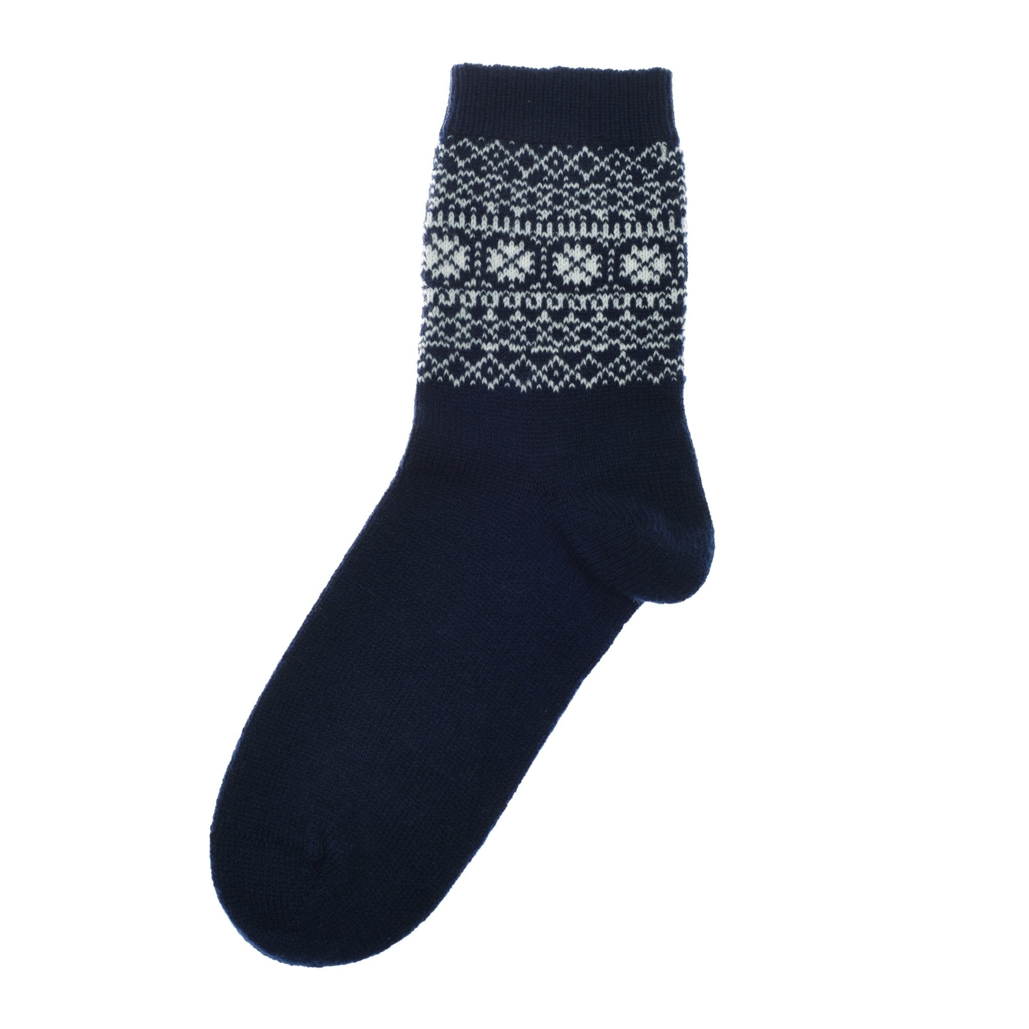 A single navy Two-Colour Fairisle Cashmere Sock by Campbell’s of Beauly, featuring white and blue geometric and snowflake patterns inspired by Scottish knitwear, shown on a plain white background.