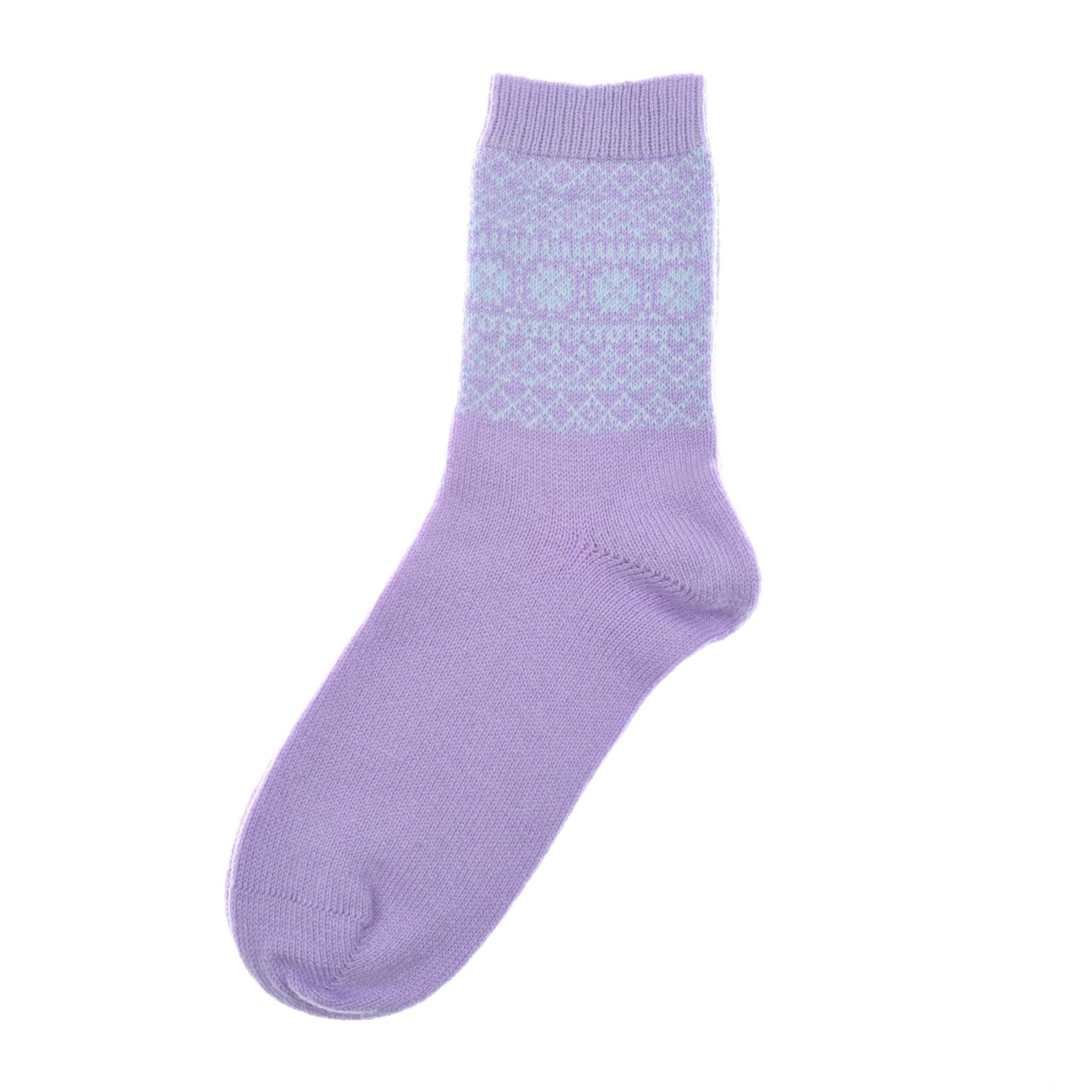 A heather Two-Colour Fairisle Cashmere Sock by Campbells of Beauly, featuring geometric and circular patterns near the cuff on a white background—an elegant piece of Scottish knitwear for luxury sock enthusiasts.