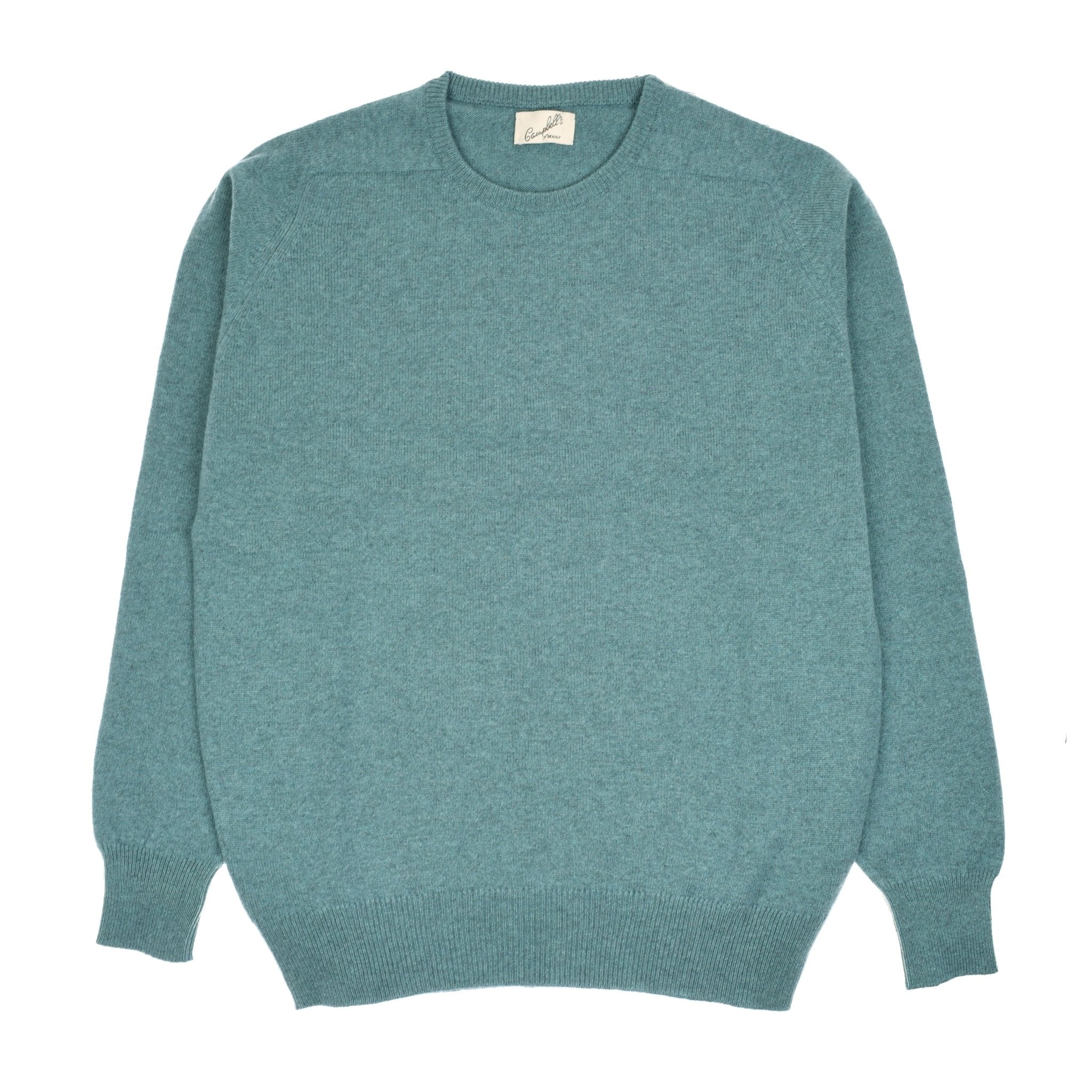 The Lambswool Crew Neck Jumper by Campbells of Beauly is shown in teal, laid flat with ribbed cuffs, hem, and crew neckline, featuring a white inner collar tag—crafted in the Scottish Borders.