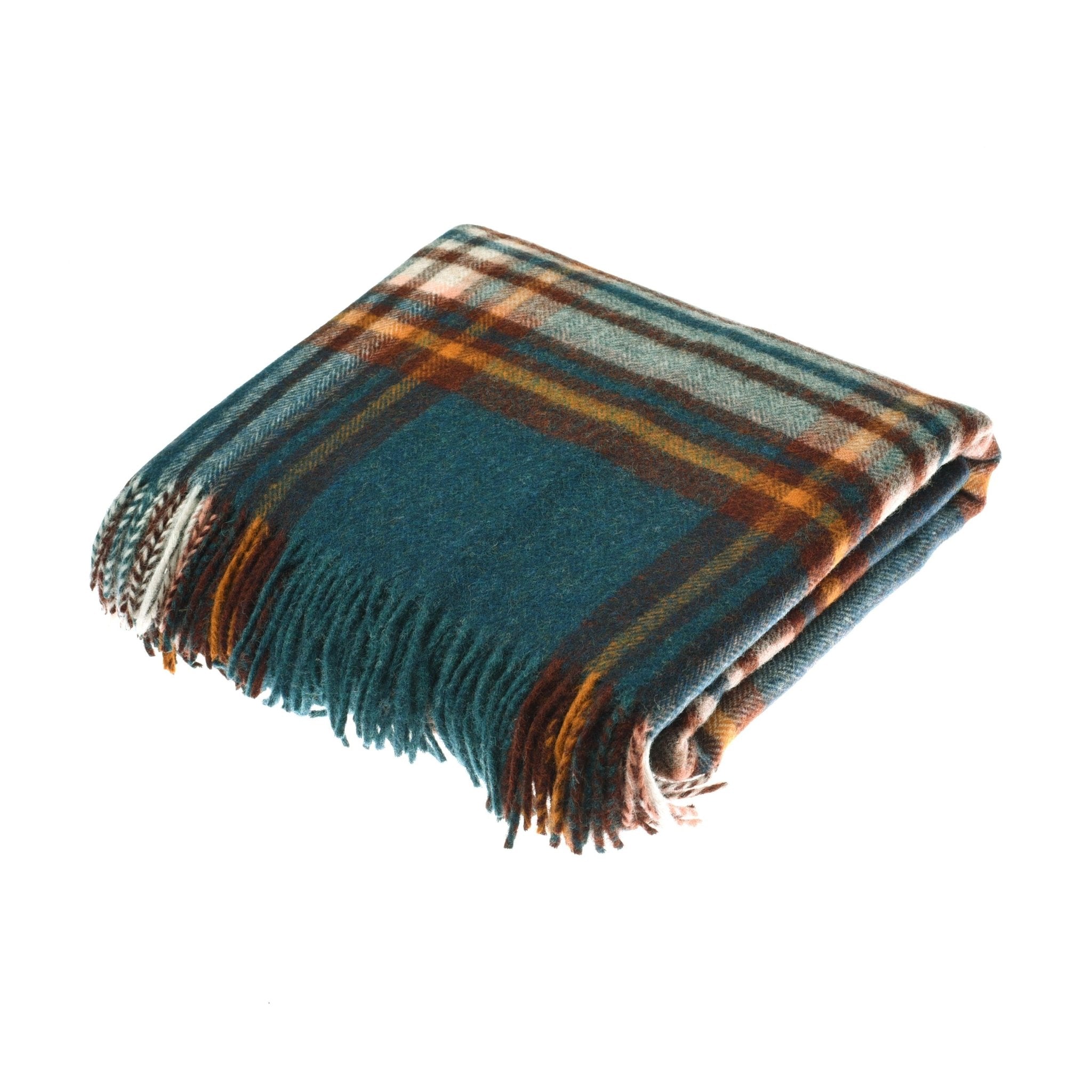 The Abriachan Lambswool Throw by Campbells of Beauly, featuring a teal, brown, and orange plaid with fringed edges, adds cosy Yorkshire charm and is shown on a white background.