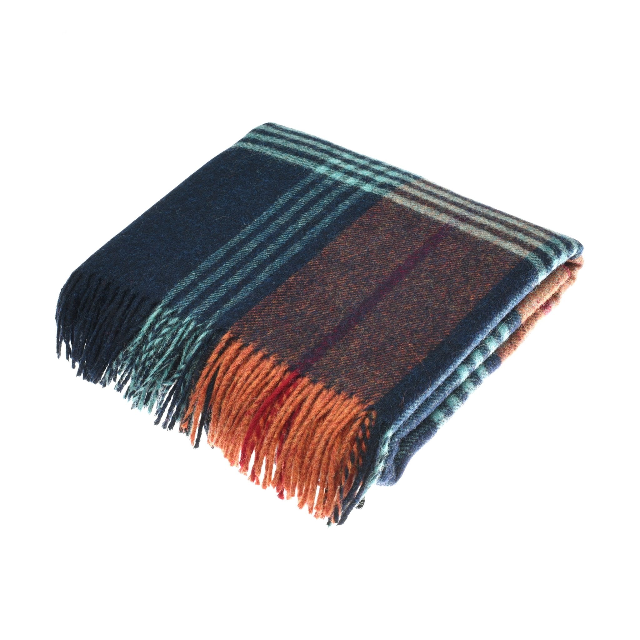 Add a cosy accent to your space with the Torgormack Lambswool Throw by Campbells of Beauly, featuring a plaid design in navy, green, brown, and orange tones with elegant fringed edges.