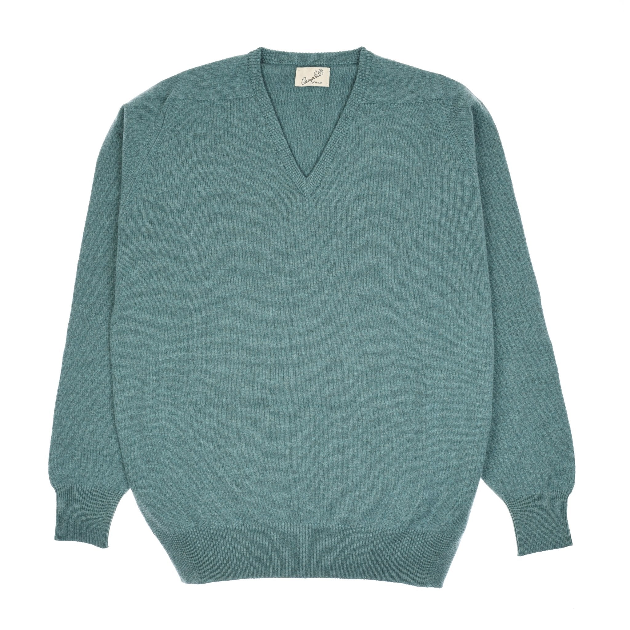 The Campbells of Beauly Lambswool V-Neck Jumper in Caspian is laid flat on a white background. This classic-fit, long-sleeve sweater features ribbed cuffs, hem, neckline, and an interior label at the collar.
