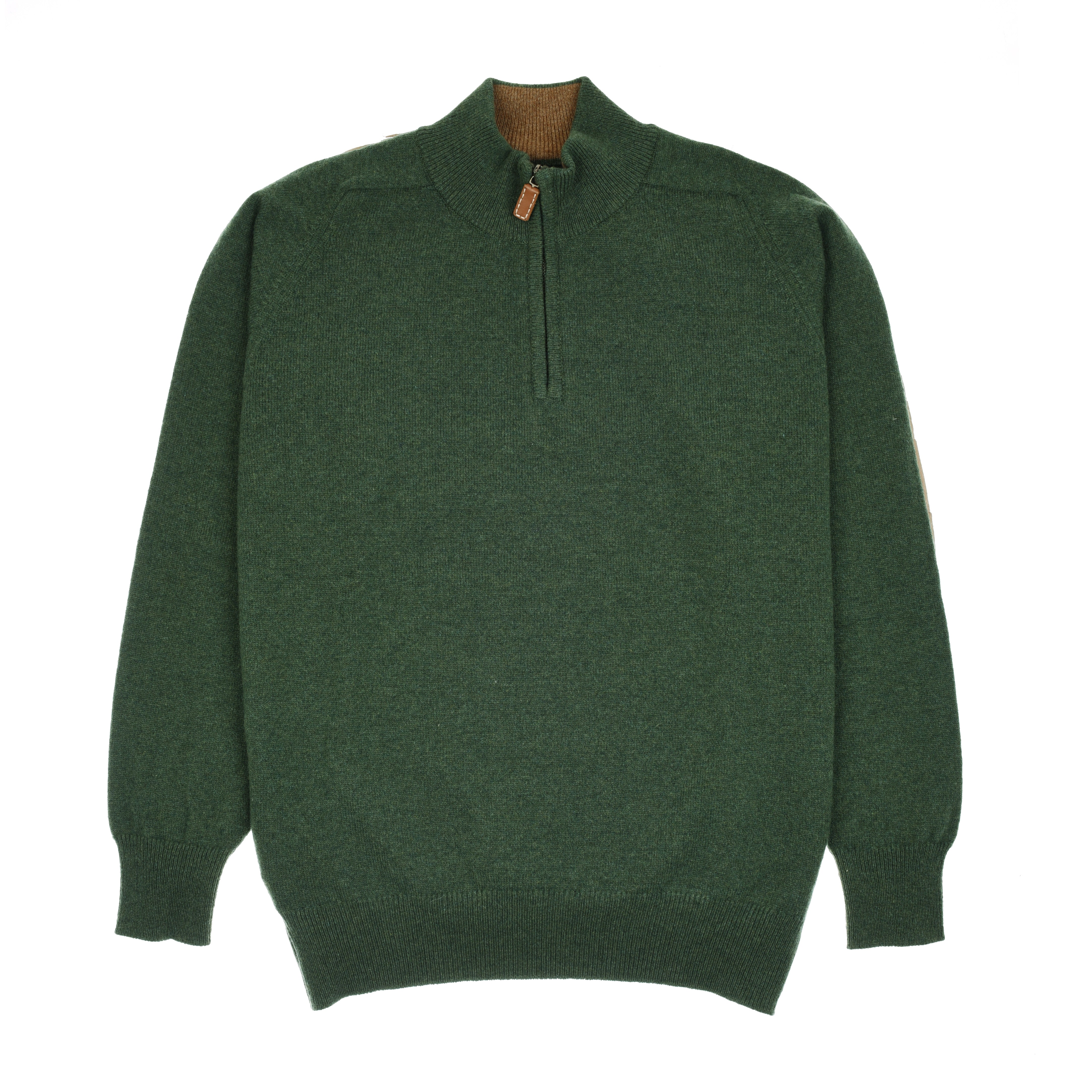 The Campbells of Beauly Lambswool Quarter Zip Jumper in forest green features long sleeves, ribbed cuffs and hem, a half-zip collar with brown zipper pull and lining, and is shown laid flat on a white background.