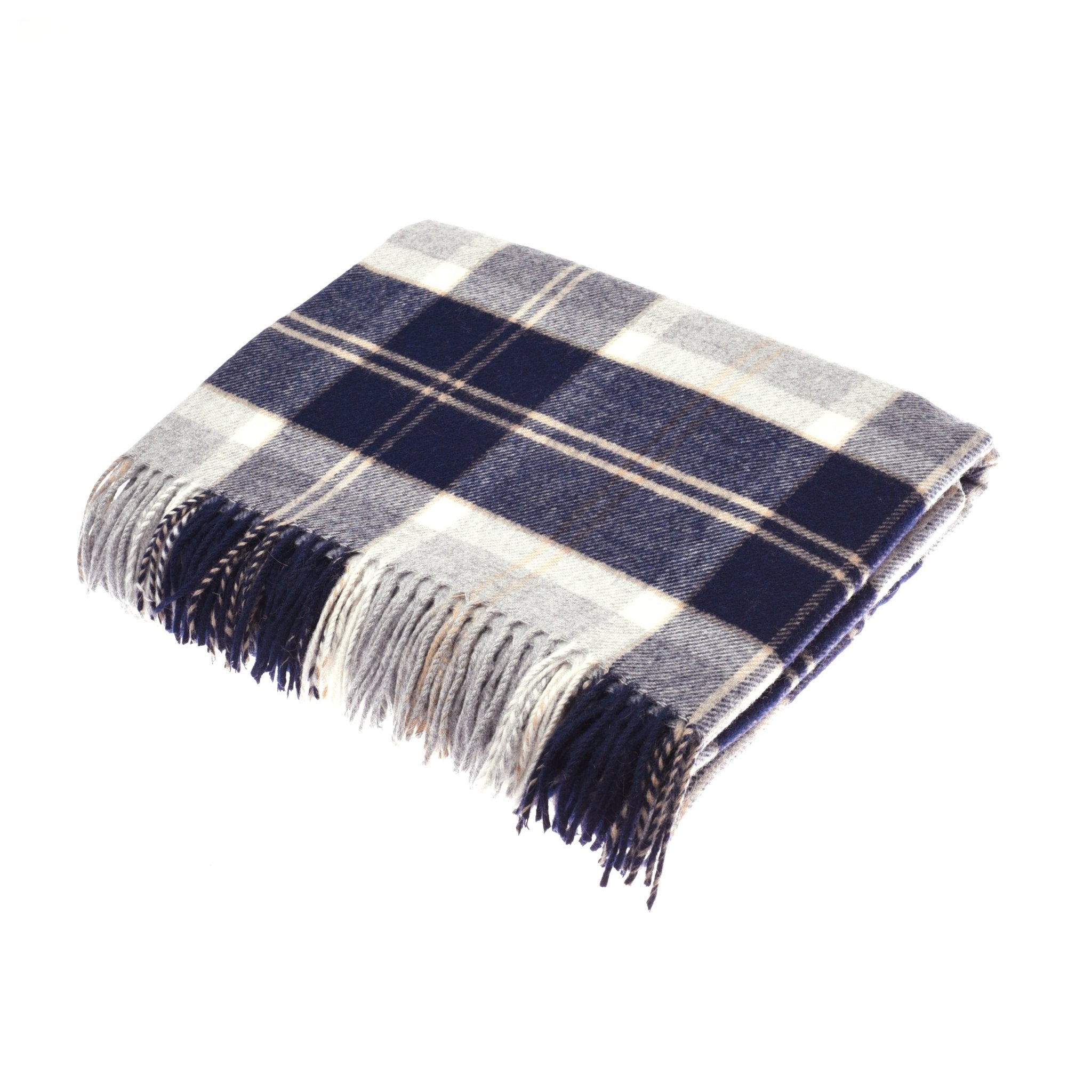 The Campbells of Beauly Silver Bannockbane Lambswool Throw features a blue, white, and gray plaid design with fringed edges, crafted in Yorkshire and shown neatly folded on a white background.