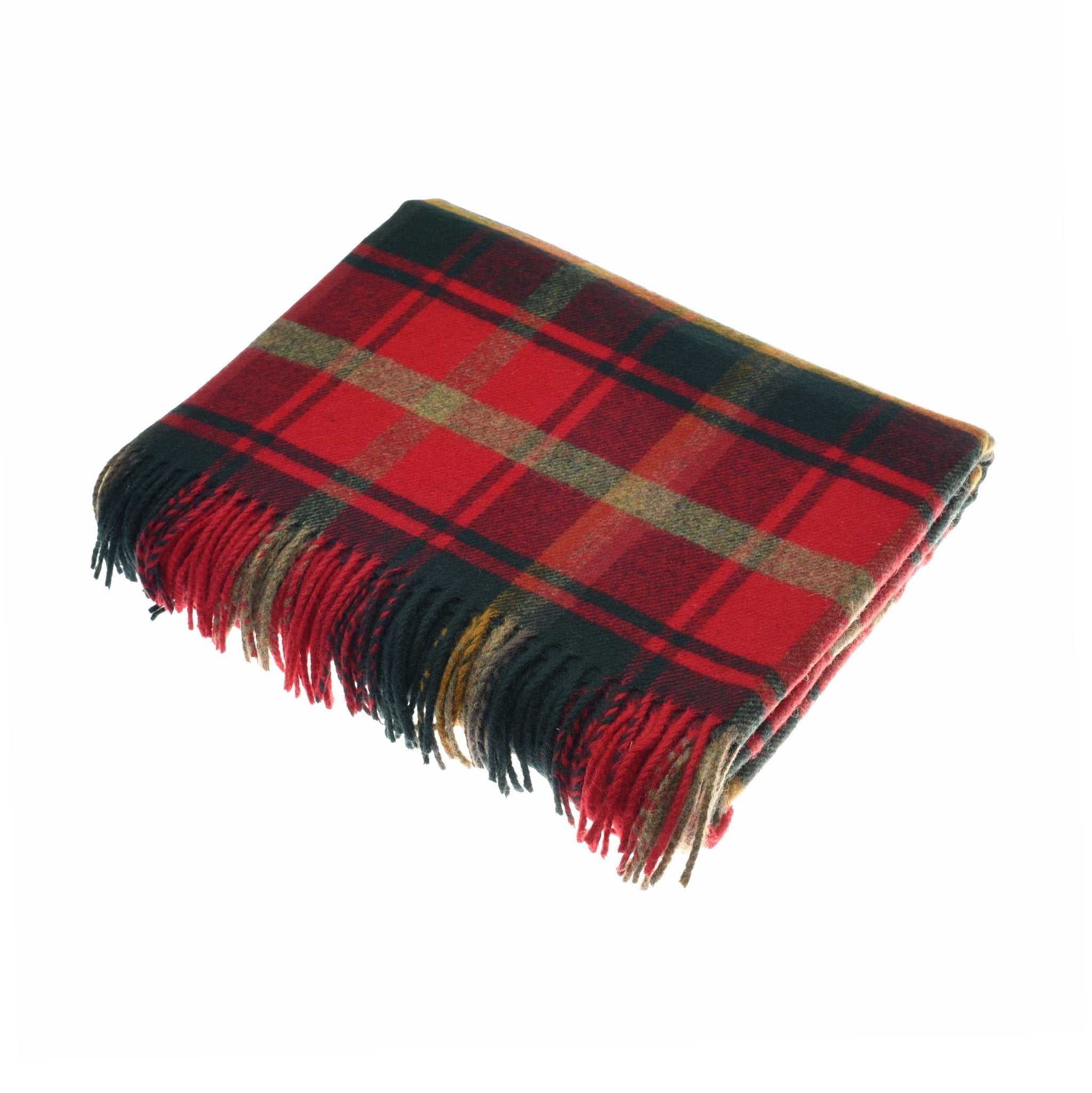 A folded Campbells of Beauly Dark Maple Tartan Lambswool Blanket, featuring a red, black, and green pattern with fringed edges, displayed on a white background.