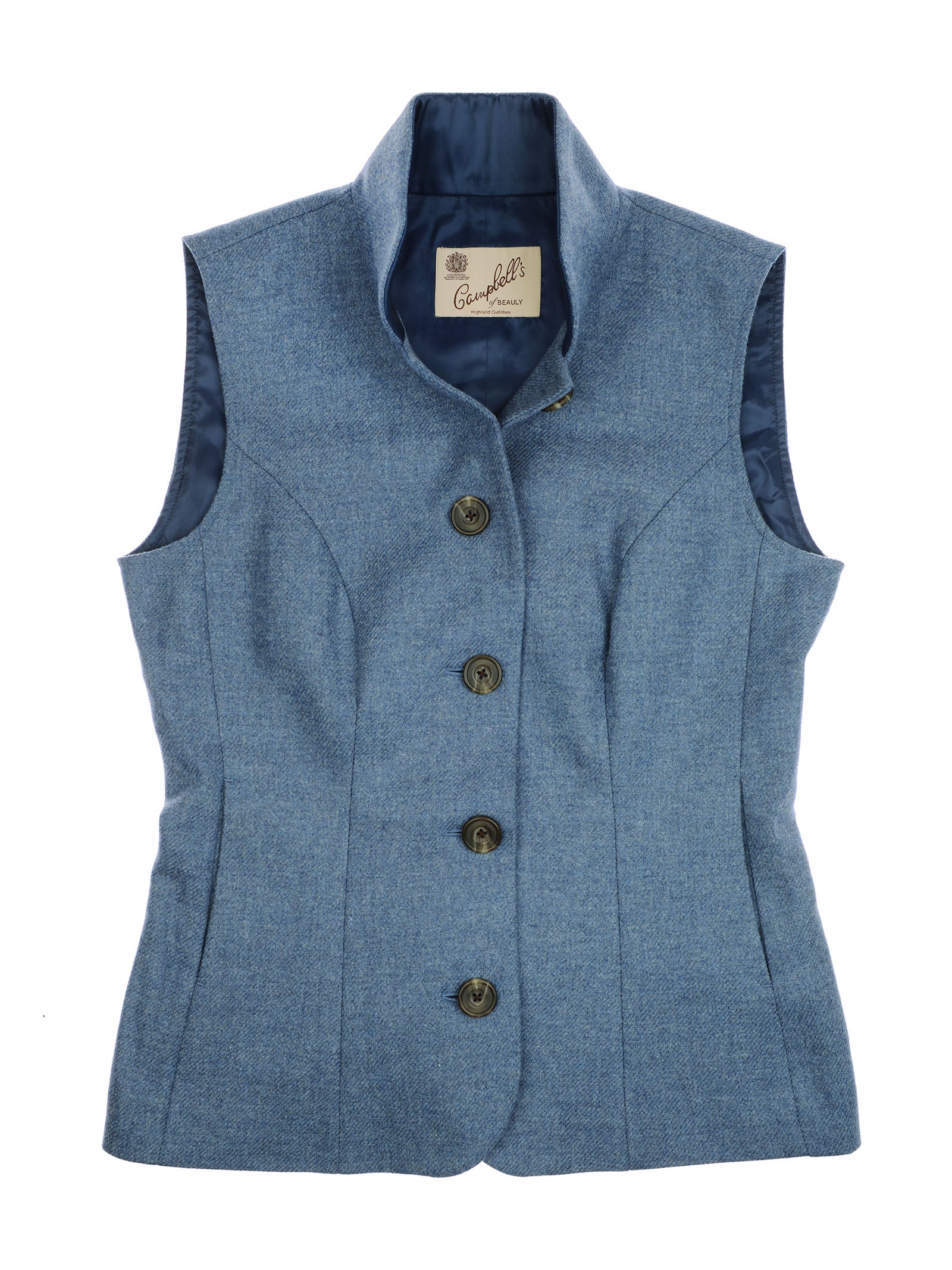 A sleeveless periwinkle Tweed Nehru vest by Campbell’s of Beauly, featuring a high collar, four buttons down the front, and a dark blue satin lining. Expertly tailored in the classic country-style gilet tradition, it showcases exceptional craftsmanship with the Campbell’s of Beauly brand label visible inside the collar.