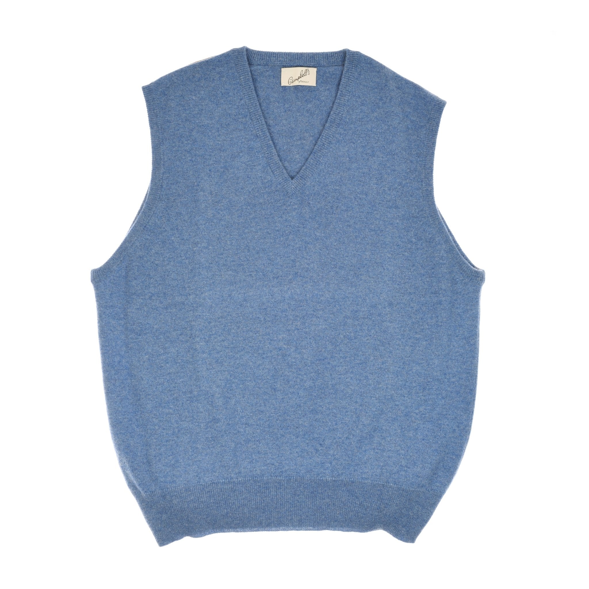 The Campbells of Beauly Cashmere Slipover in Lapis is a sleeveless, V-neck knit vest with a ribbed hem, laid flat on a white background—a timeless layering piece inspired by the Scottish Borders.