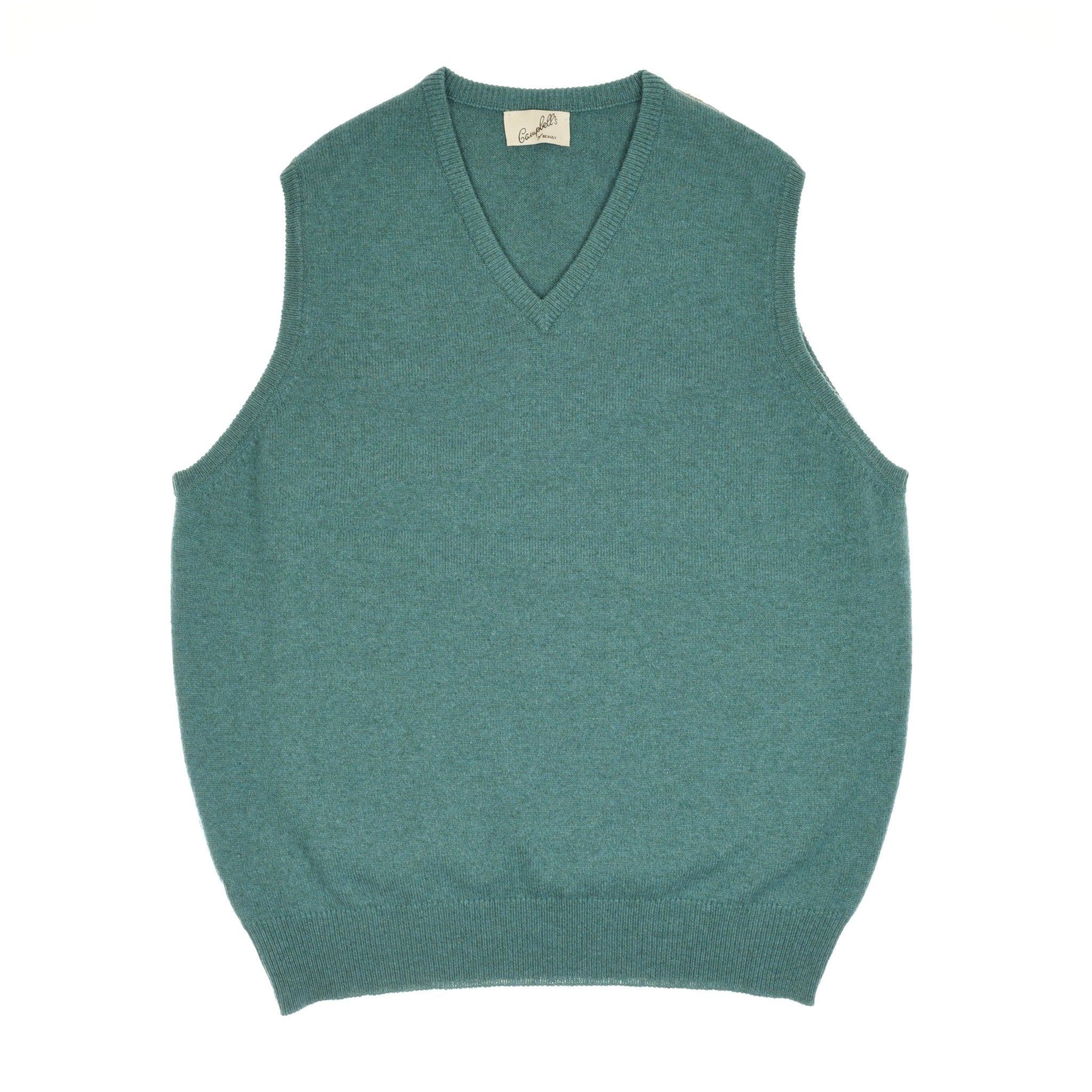 The Campbells of Beauly Lambswool V-Neck Slipover in Lovat Green features a classic fit and traditional Scottish Borders craftsmanship, shown laid flat on a white background.