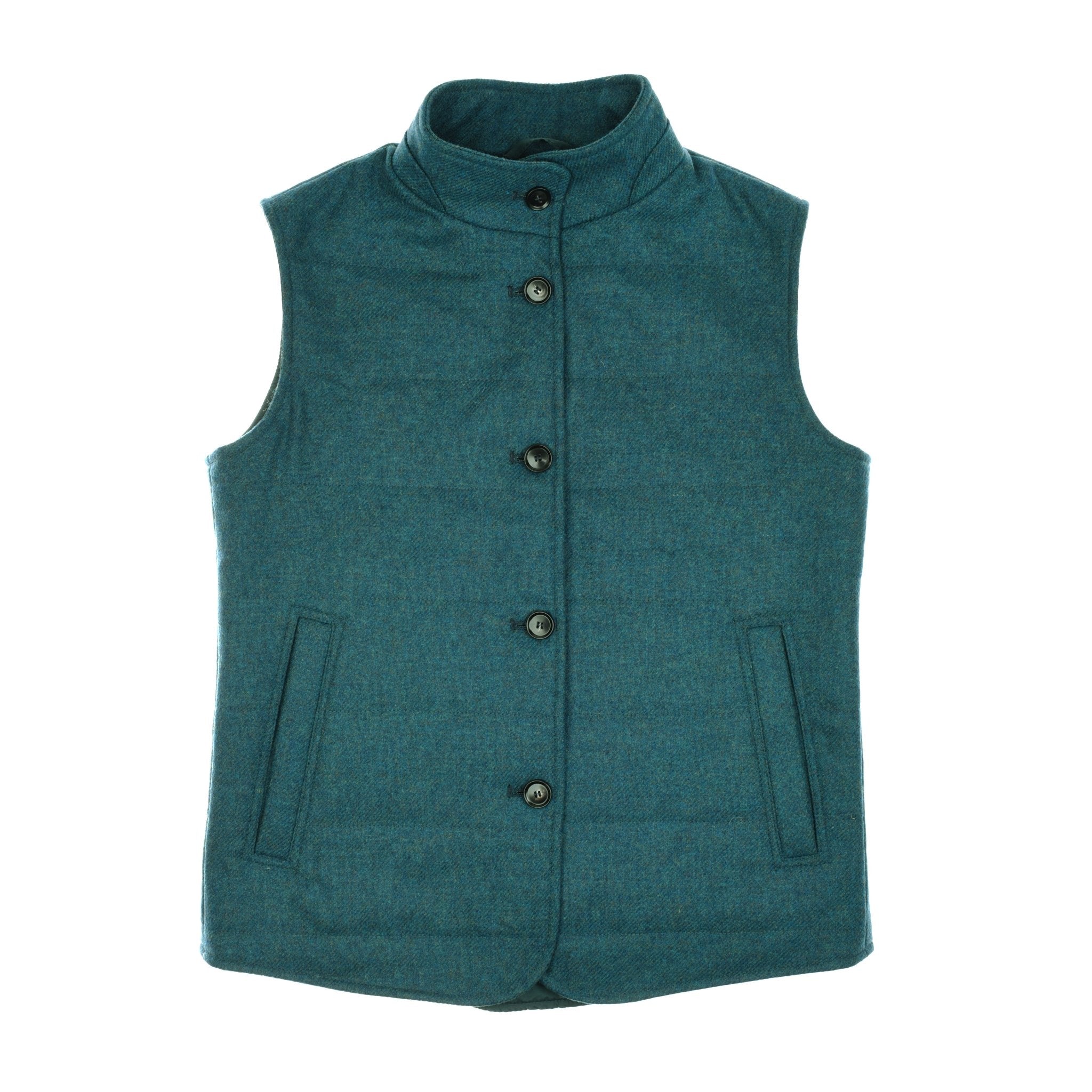 The Campbells of Beauly Quilted Buttoned Gilet in bottle is a versatile sleeveless vest, featuring modern tweed quilting, a high collar, front button closure, and two angled pockets, shown laid flat on a white background.