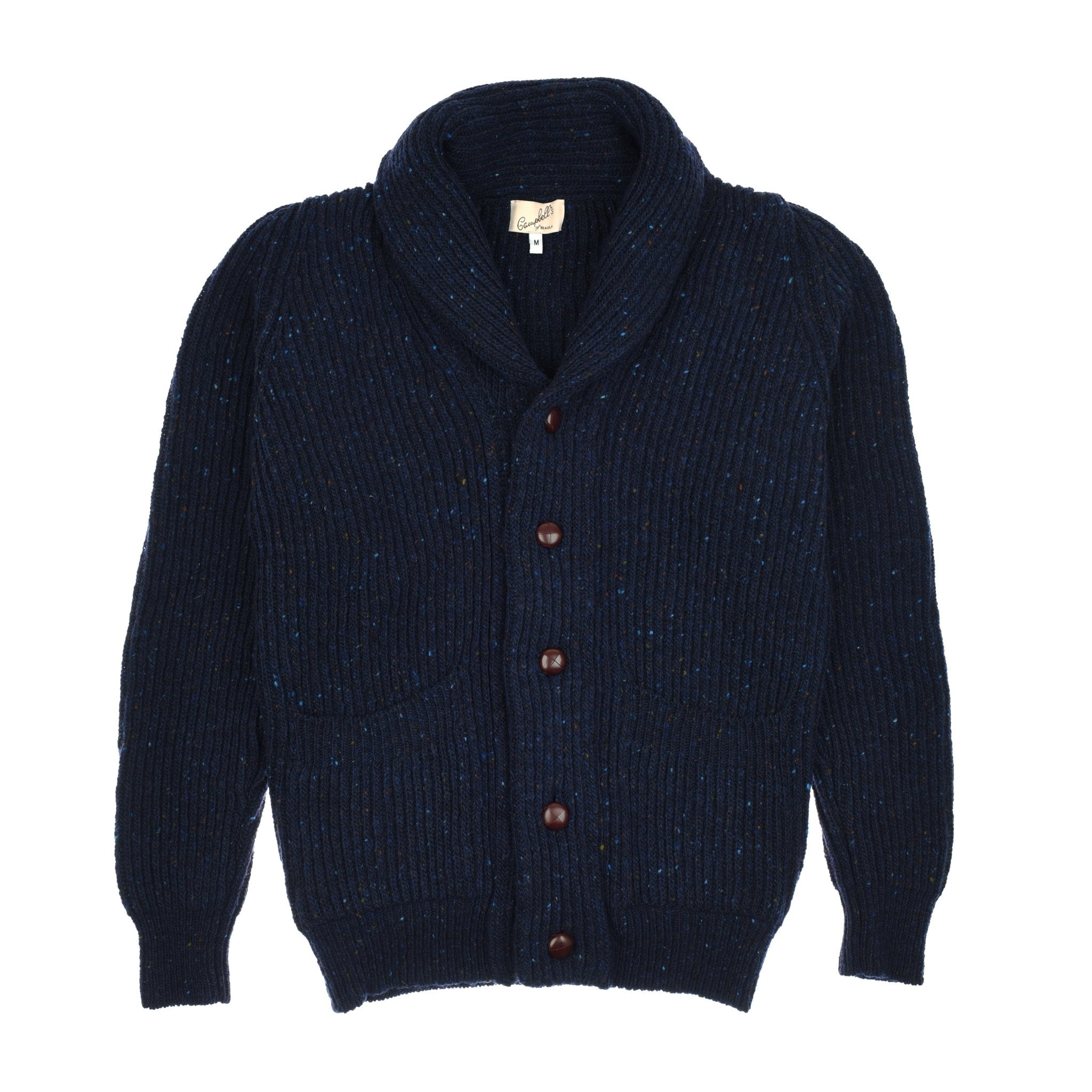The Campbells of Beauly Donegal Lambswool Shawl Collar Cardigan in navy features a ribbed knit, leather front buttons, and two front pockets, shown laid flat on a white background.