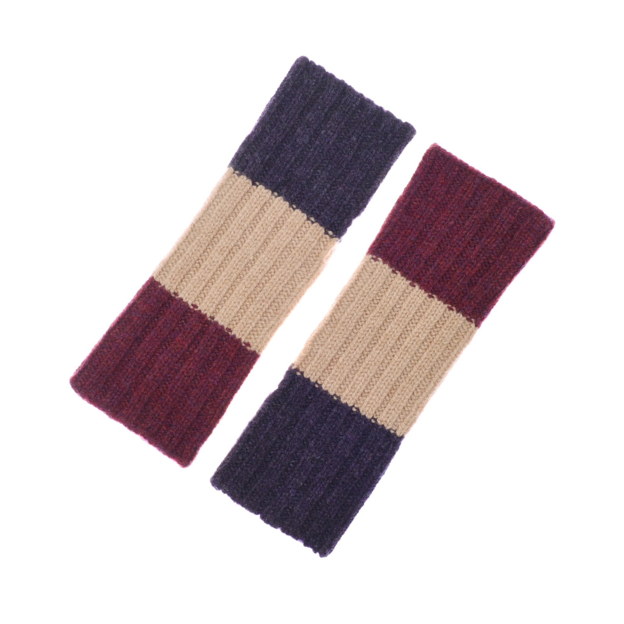 Two knitted lambswool Stripe Wristwarmers by Campbells of Beauly, in Elderberry, feature ribbed texture and three horizontal color blocks. Shown laid flat side by side on a white background, inspired by the Scottish Borders.