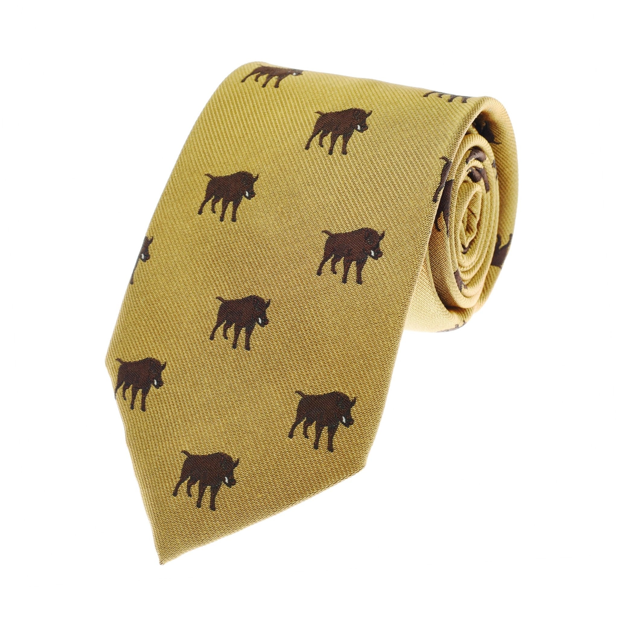 A rolled yellow handmade silk Boar Tie by Campbells of Beauly features small brown boar silhouettes facing left, evenly spaced on the fabric. The plain white background highlights this unique animal-inspired design.
